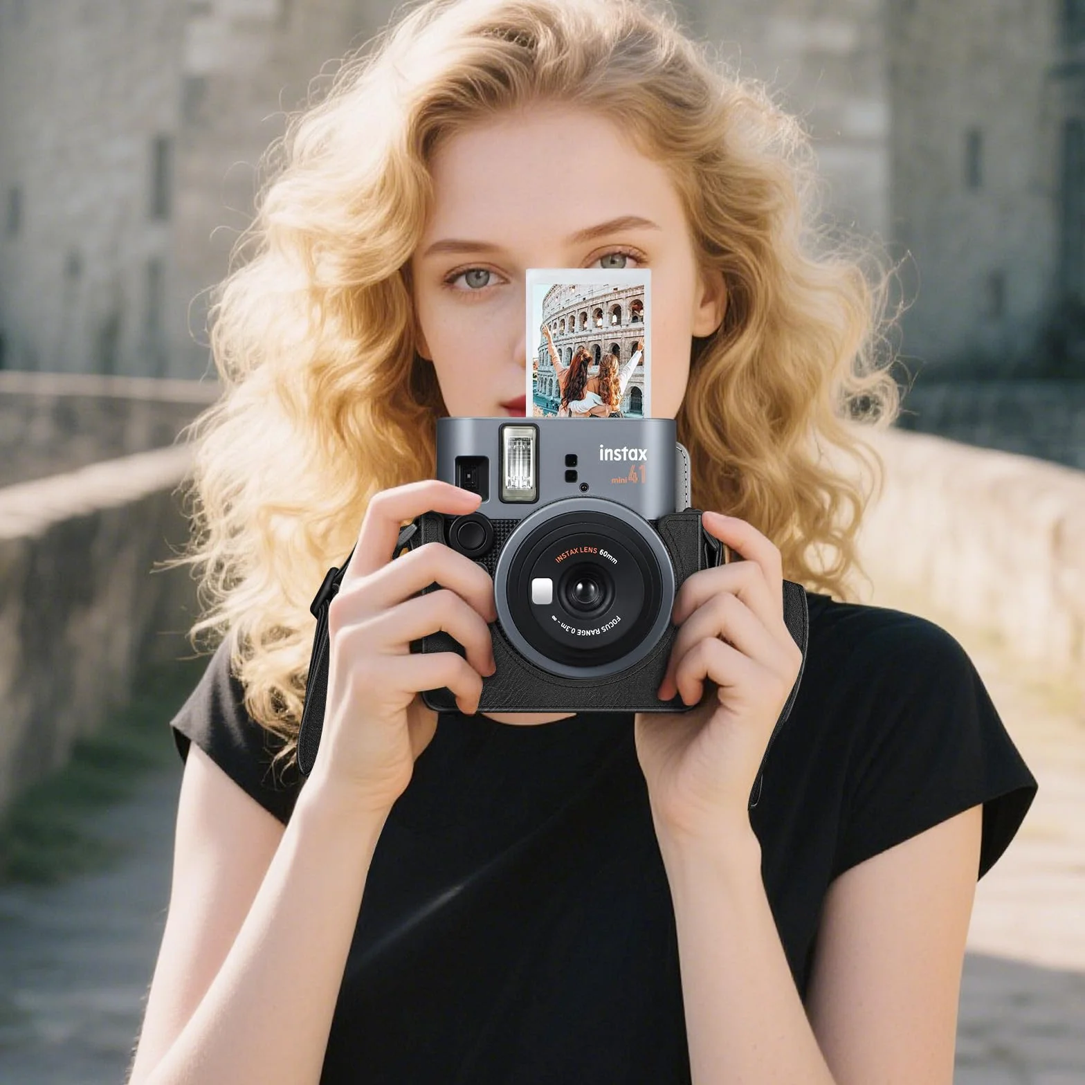 FINTIE Etui ochronne do Fujifilm Instax Mini 41 aparat natychmiastowy – wysokiej jakości wegańska skóra pokrowiec ze zdejmowanym regulowanym paskiem, Vintage czarny, torba na aparat fujifilm