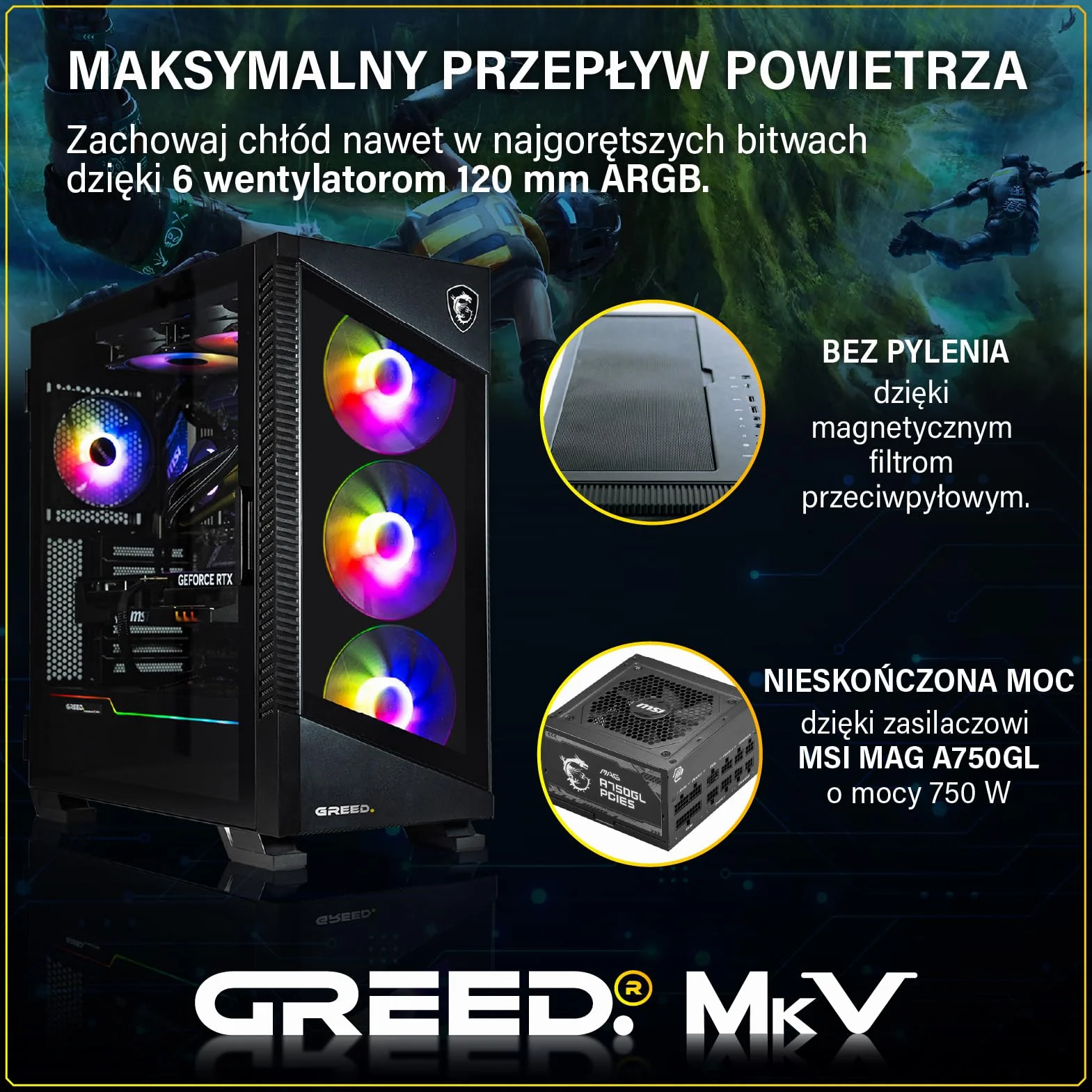 Greed® MK5 komputer gamingowy High End - AMD Ryzen 5 9600X + Nvidia Geforce RTX 5070 12 GB - szybki PC RGB + Desktop Raytracing 4K - 5,4 GHz - 32 GB DDR5 RAM - 1TB SSD - Wi-Fi + Windows 11 Pro