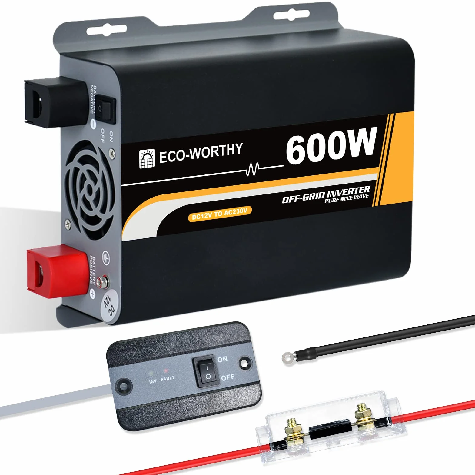 ECO-WORTHY 600 W, 12 V-230 V AC, Off-Grid falownik solarny fala sinusoidalna DC z pilotem zdalnego sterowania i bezpiecznikiem, do samochodu, przyczepy kempingowej, pojazdów kempingowych i systemów
