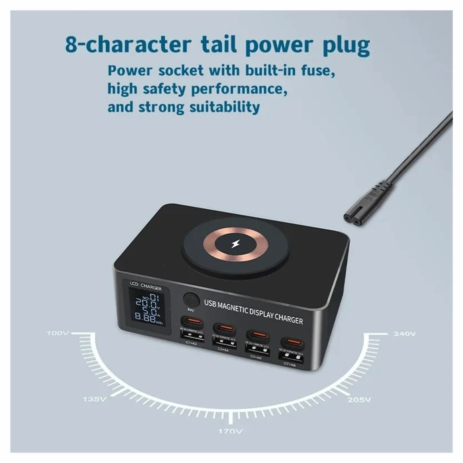 8-portowa Stacja Ładująca USB 140 W Typu C PD QC3.0 Wieloportowa Szybka Ładowarka Z Wyświetlaczem Bezprzewodowa 15 MożLiwość Szybkiego łAdowania