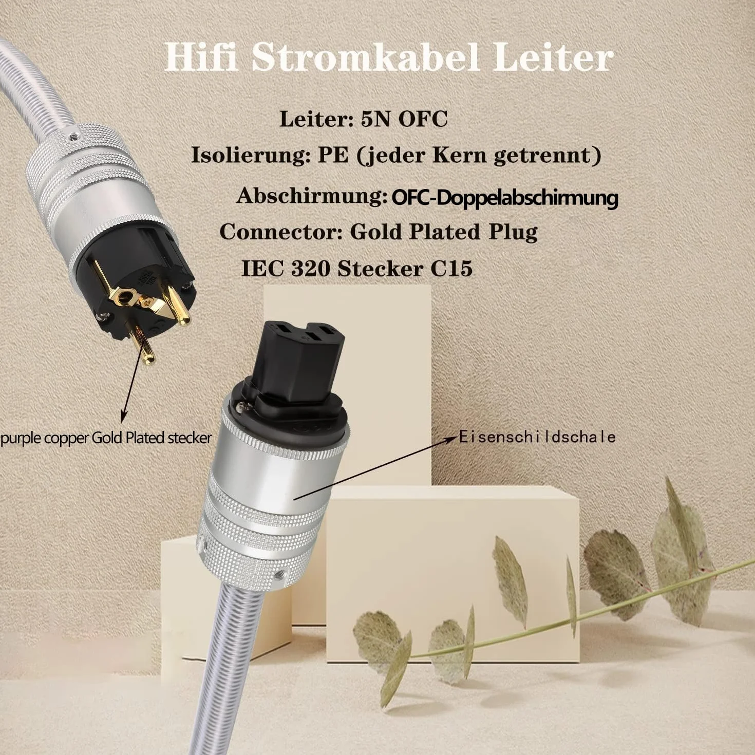 Kabel zasilający Hi-Fi, posrebrzany biały 1-metrowy przewód zasilający High-End z wtyczką Schuko i wtyczką do urządzeń zimnych, kabel zasilający Hi-Fi, do audio, wideo i kina domowego