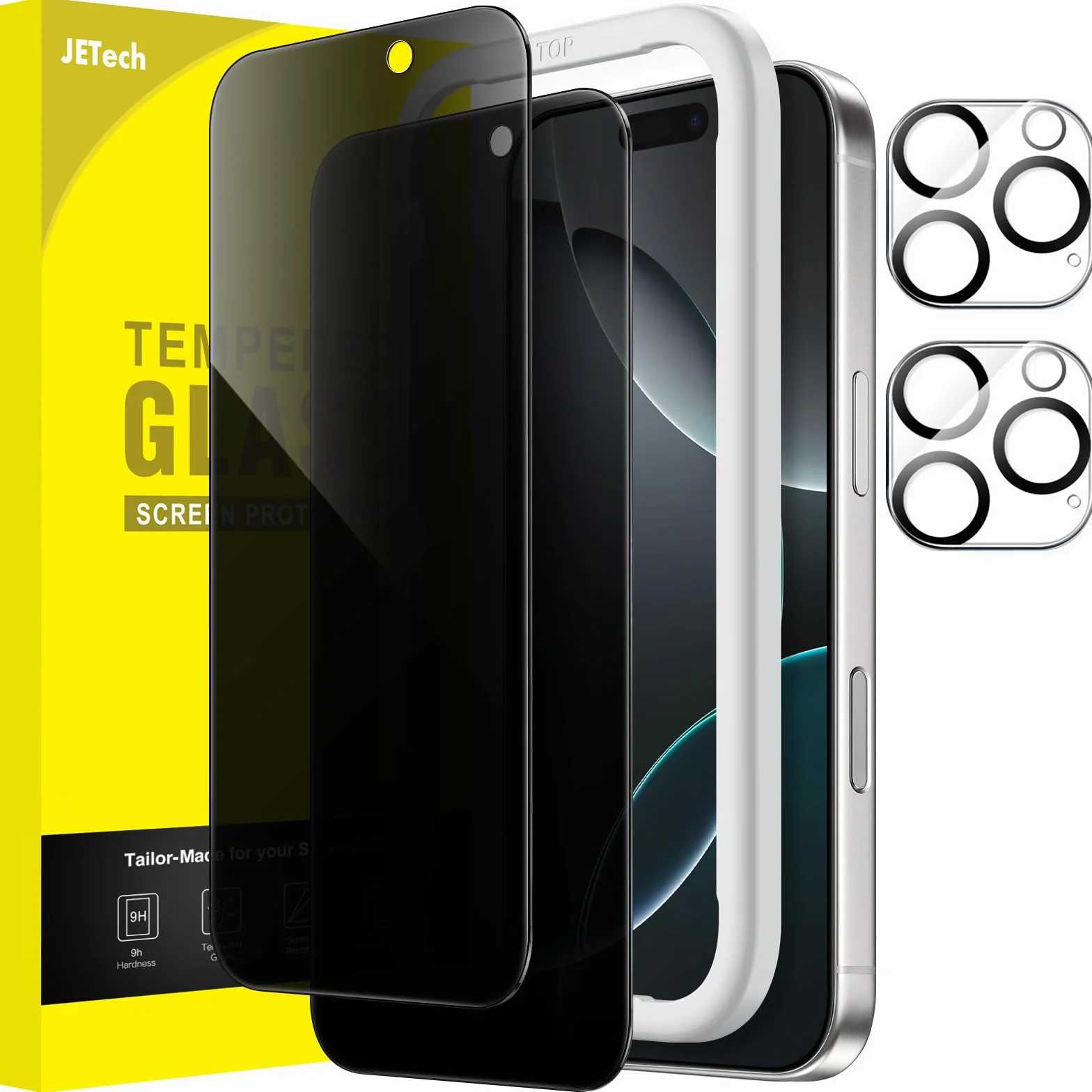 JETech Ochraniacz Ekranu Prywatność dla iPhone 16 Pro 6,3 Cala z Osłona Obiektywu Aparatu, Film Szkło Hartowane Antyszpieg, Narzędzie Łatwej Instalacji, 2 Sztuki Każdy