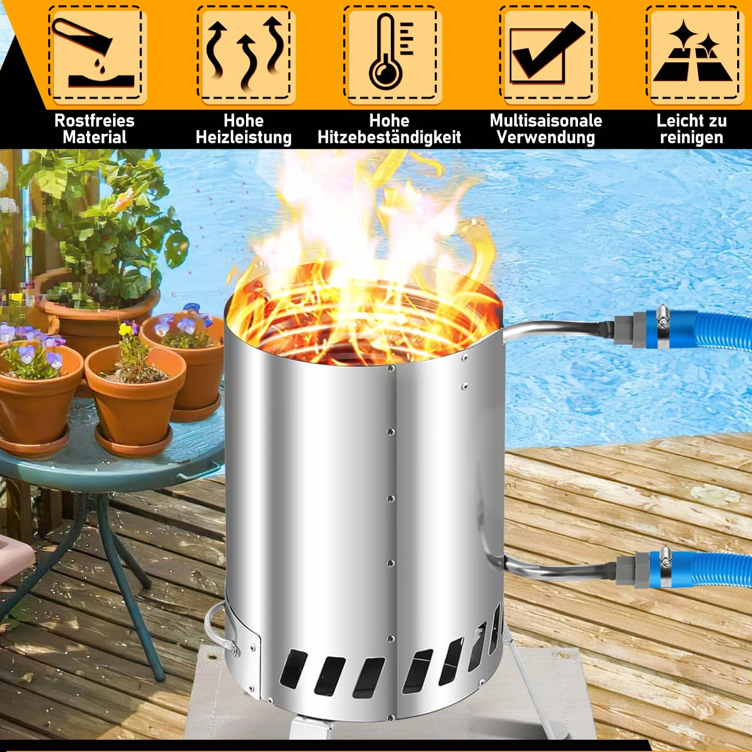 Sonnewelt Ogrzewanie basenu z ogniem i spiralą grzewczą, 100% stal nierdzewna, przyłącze Ø 32/38 mm, do 300 °C