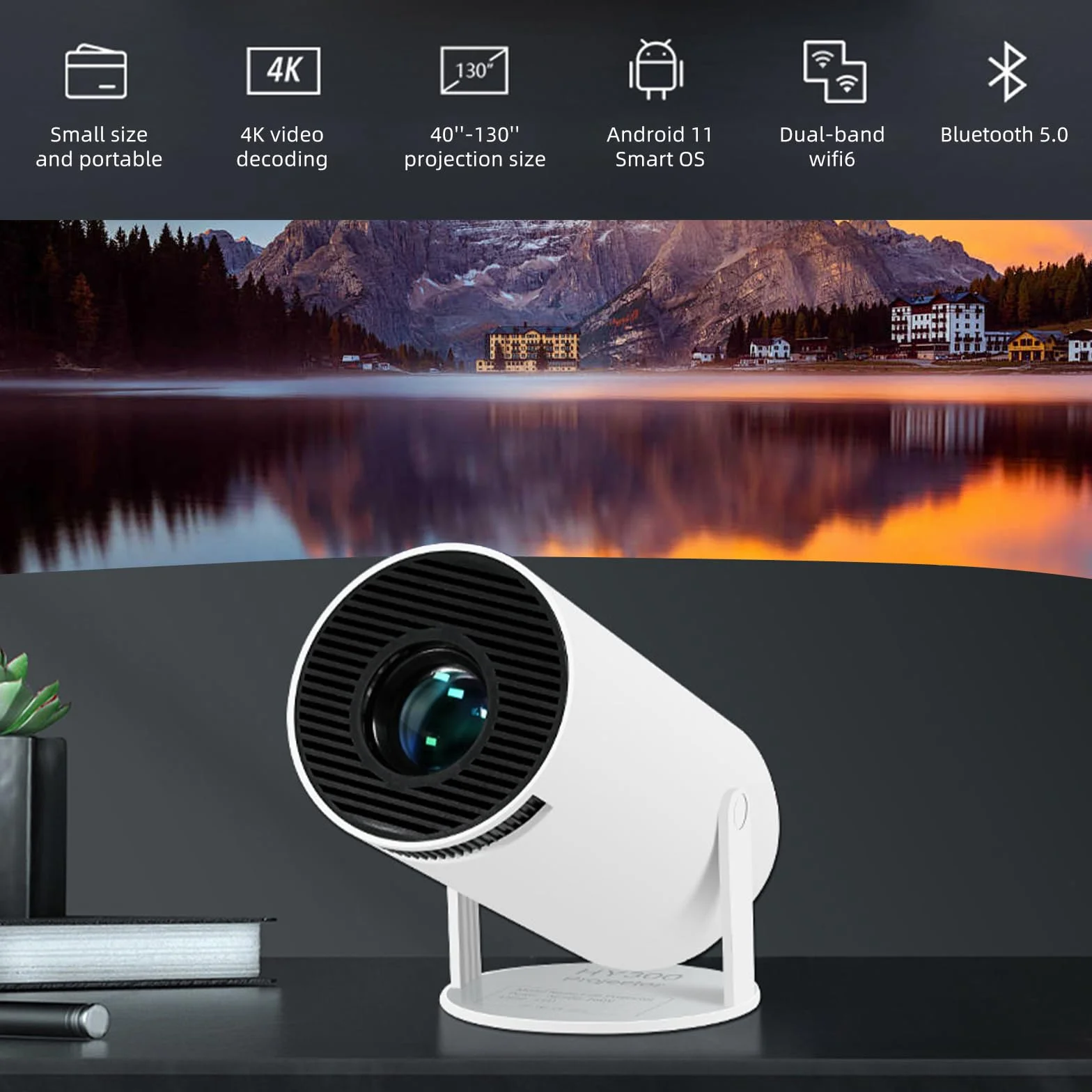 Mini rzutnik, Native 1080p z obsługą 4K, projektor z WiFi 6, BT5.0 Android 11.0 OS, obrót o 180 stopni, inteligentny projektor Full HD, mały przenośny projektor wideo LED, Bluetooth (biały 160ANSI)