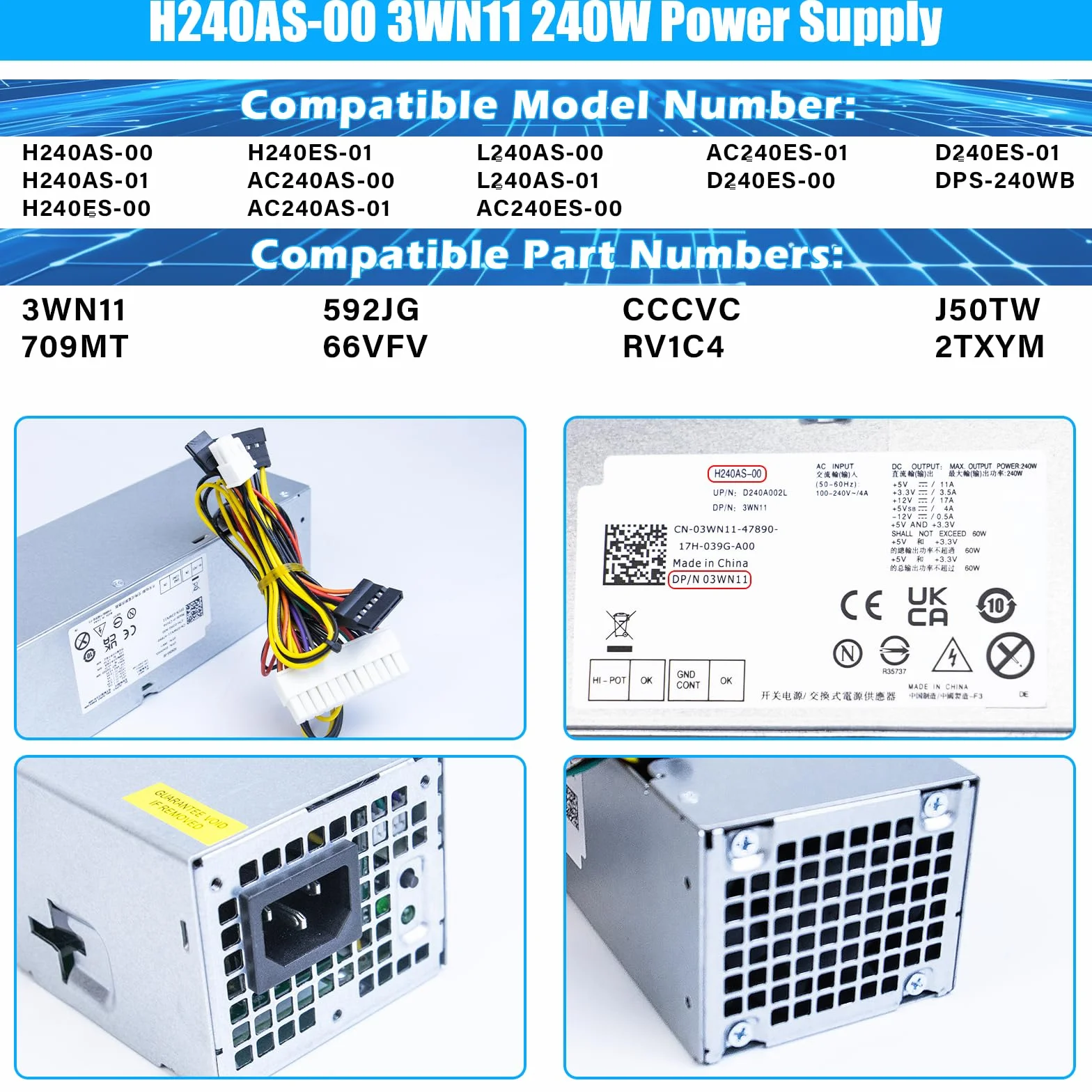 S-Union Zasilacz 240W dla Dell Optiplex 390 790 960 990 3010 7010 9010, tylko dla małego kształtu SFF H240ES-00 D240ES-00 AC240AS-00 AC240ES-00 DPS-2400 0WB L2440AS-00 H240AS-00 3WN11