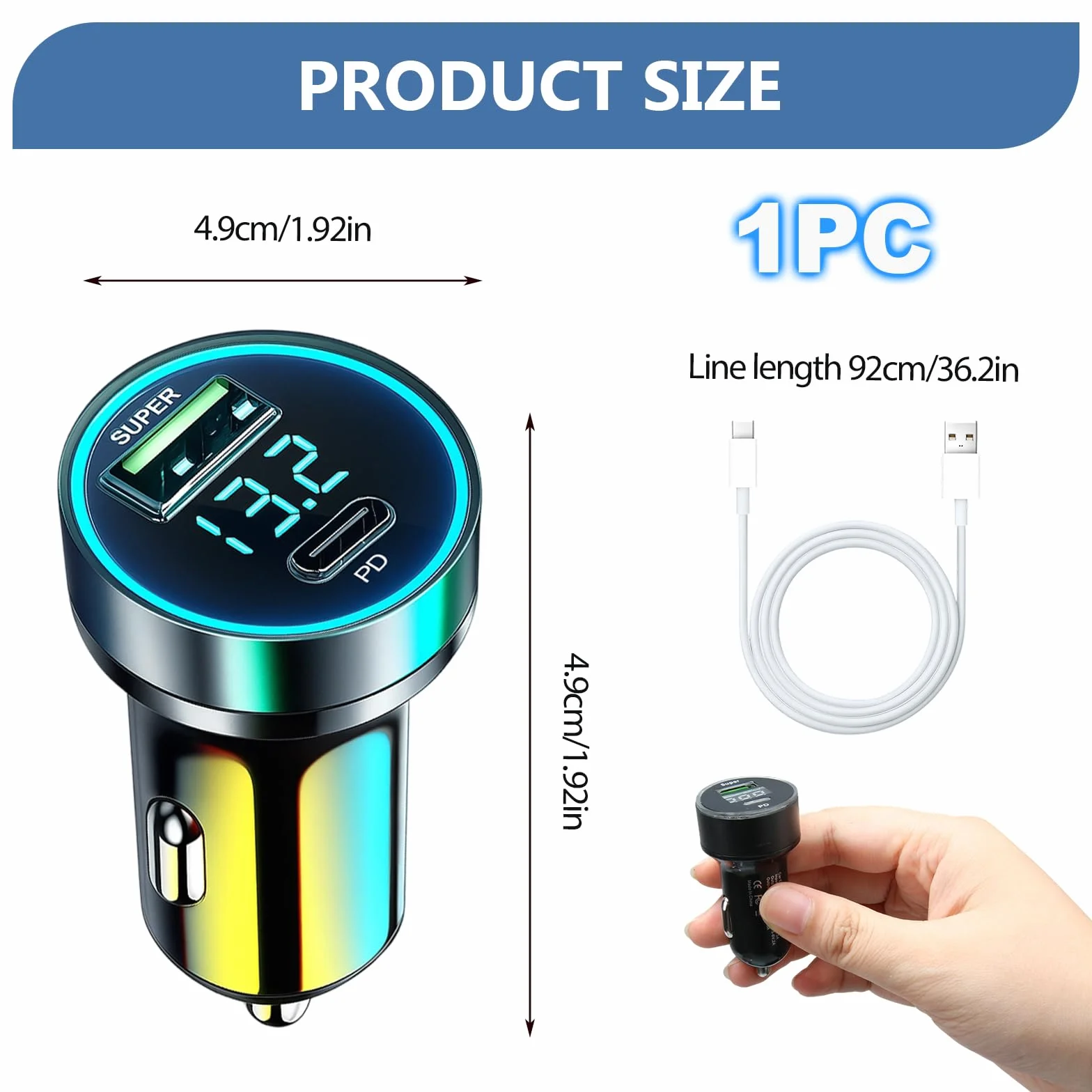Ładowarka samochodowa USB C, ładowarka samochodowa z 65 W QC i 20 W PD, ładowarka samochodowa z kablem USB C, adapter samochodowy 12 V, adapter do gniazda zapalniczki samochodowej