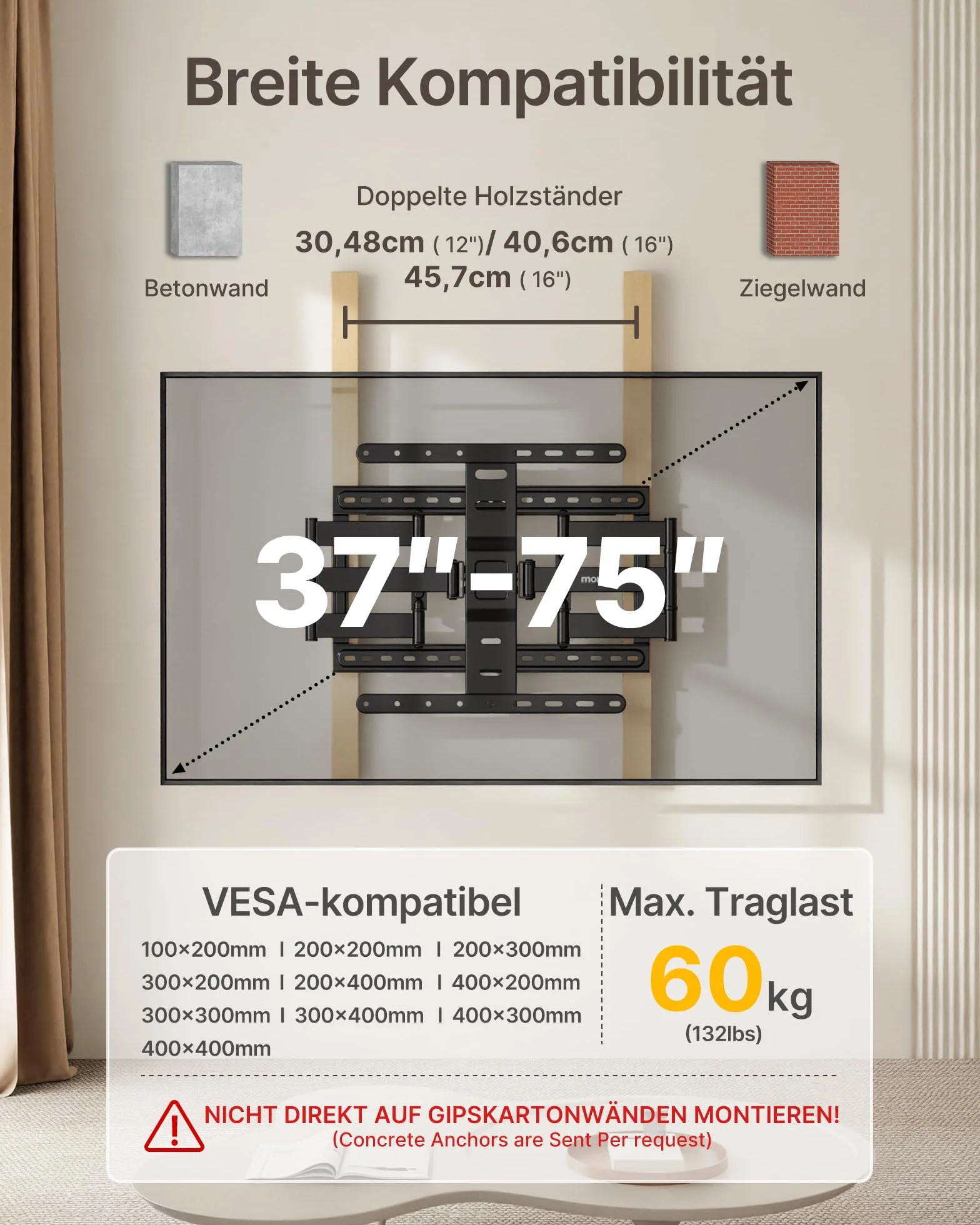 monTEK 1,1" Ultra Slim uchwyt ścienny do telewizorów 37-75" do 60 kg | Uchwyt TV wychylny, pochylany i wysuwany, niski profil, w pełni ruchomy, 4-krotny udźwig, maks. VESA 400 x 400 mm
