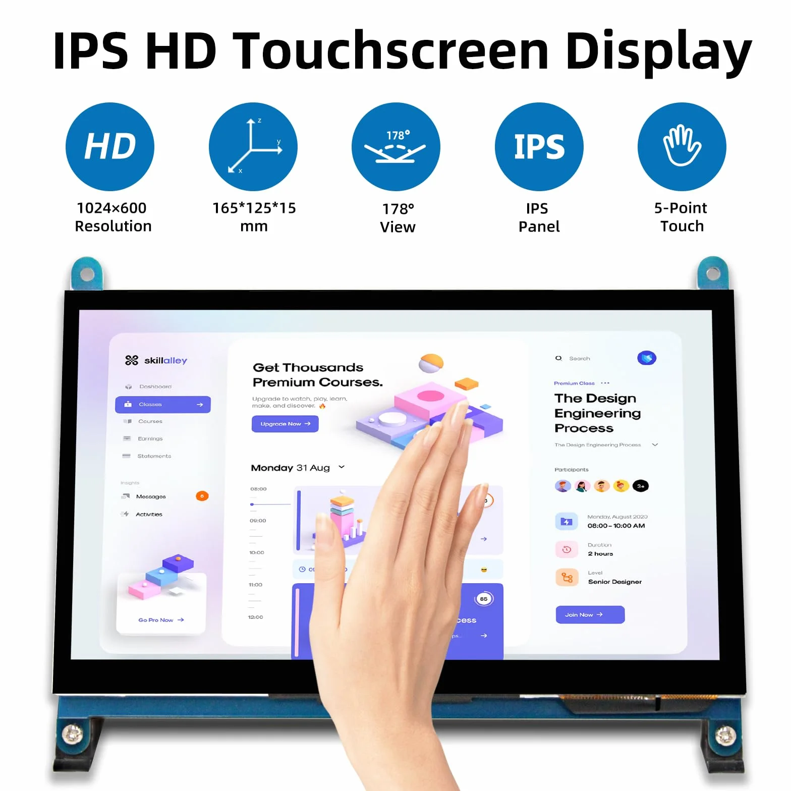 Ekran dotykowy LCD 1024 x 600 IPS z uchwytem, przenośny monitor HDMI do Raspberry Pi 5/4B/3B+/3B/B+/Zero/400, BB czarny, Windows 10 8 7, bezpłatny kontroler