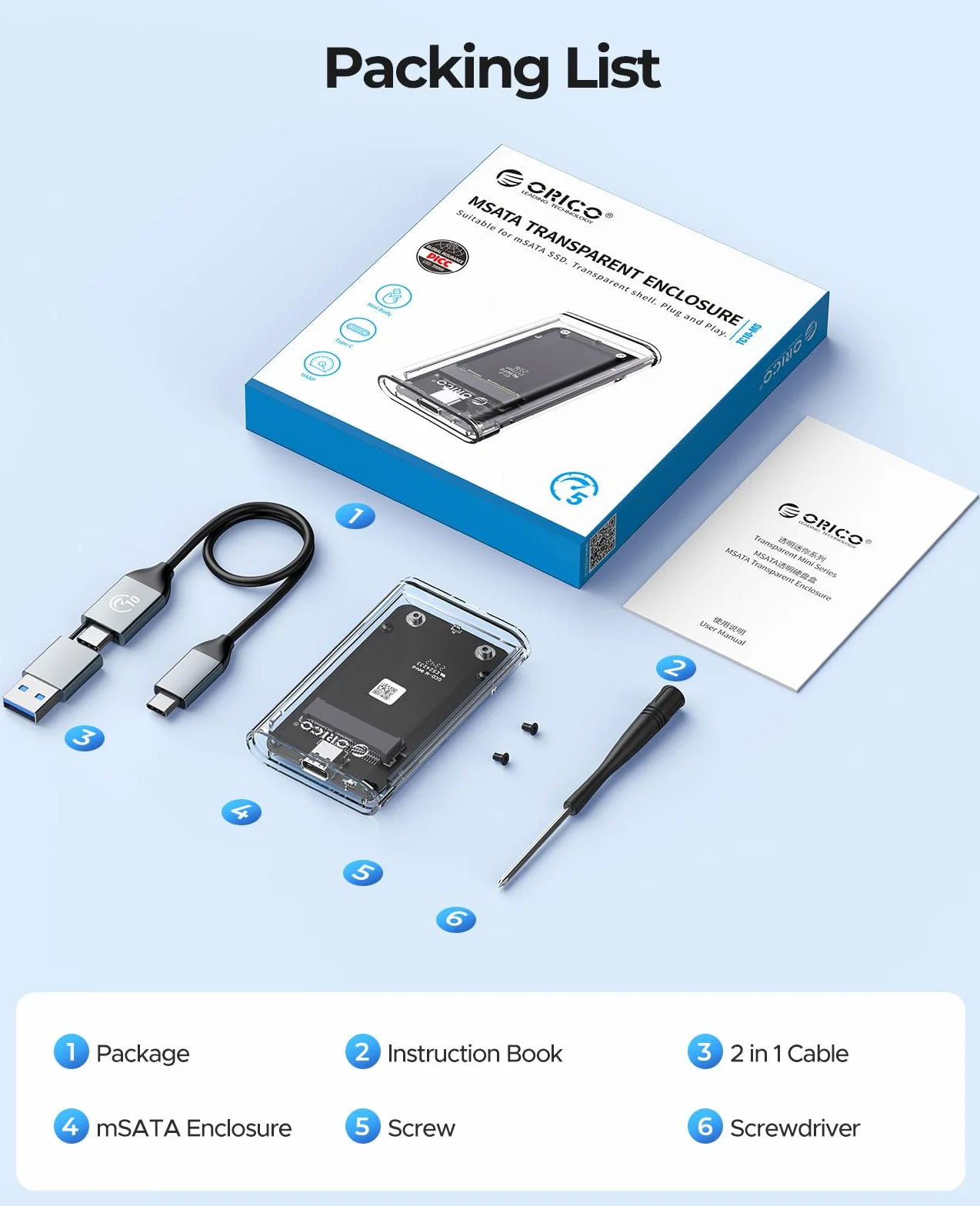 ORICO mSATA SSD adapter USB 3.0 5 Gbit/s beznarzędziowa obudowa 2 TB Max-TC10