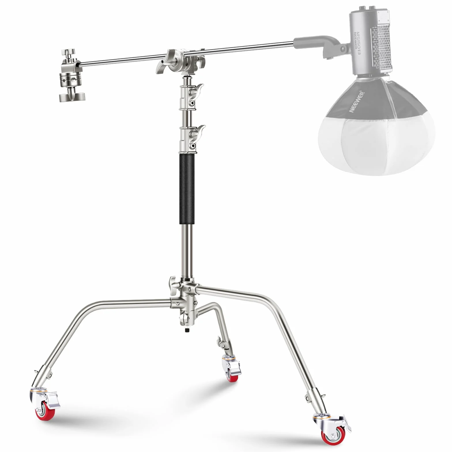 NEEWER Wytrzymały stojak ze stali nierdzewnej C z kółkami obrotowymi, 43"-73"/110-186 cm, stojak na światło fotograficzne z ramieniem wysięgnika 33"/83 cm, 2 głowice chwytne do Studio Monolight,