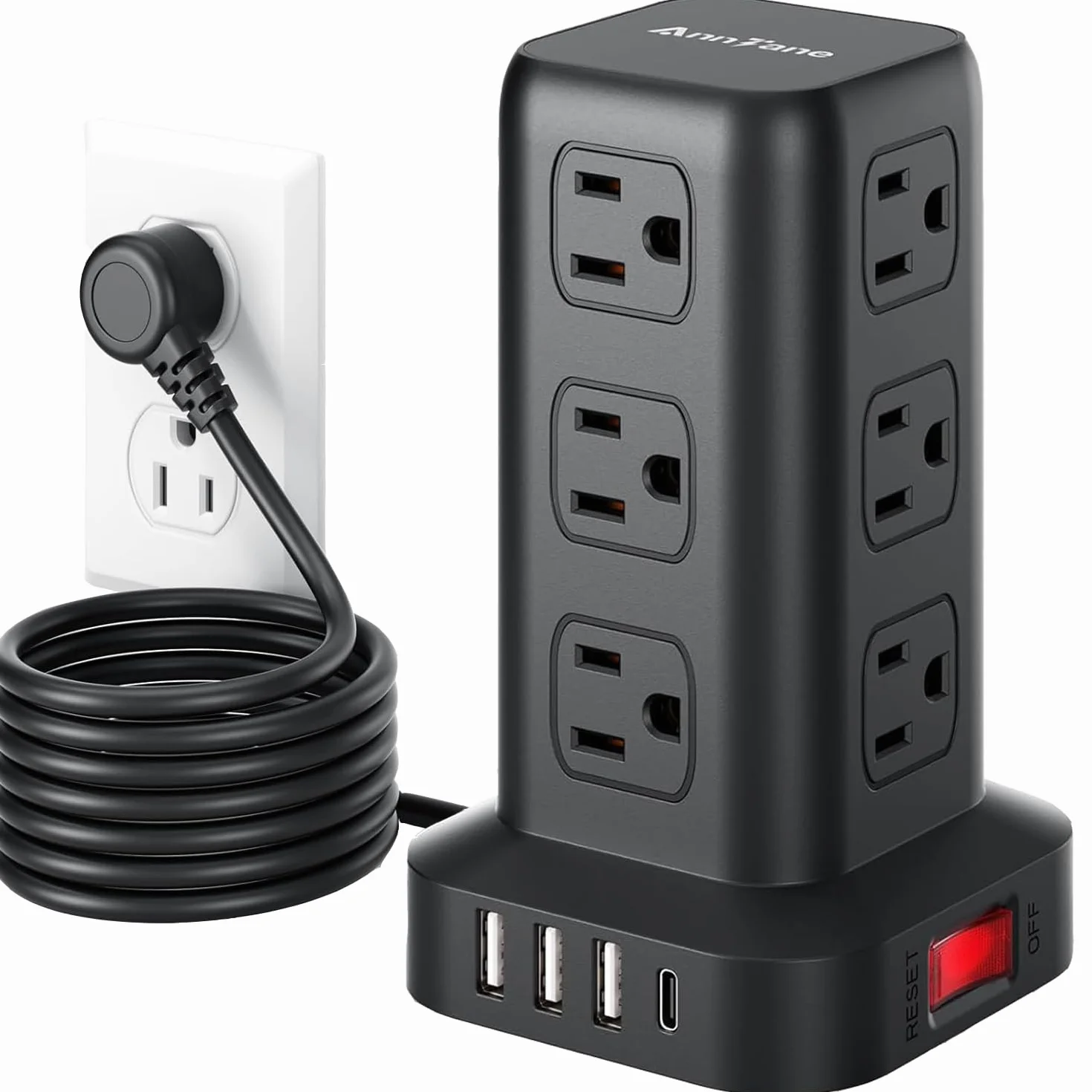 AnnTane - Listwa zasilająca z ochroną przeciwprzepięciową 1,8 m, listwa zasilająca z 4 portami USB (1 USB C), przedłużacz z 12 gniazdami prądu zmiennego,