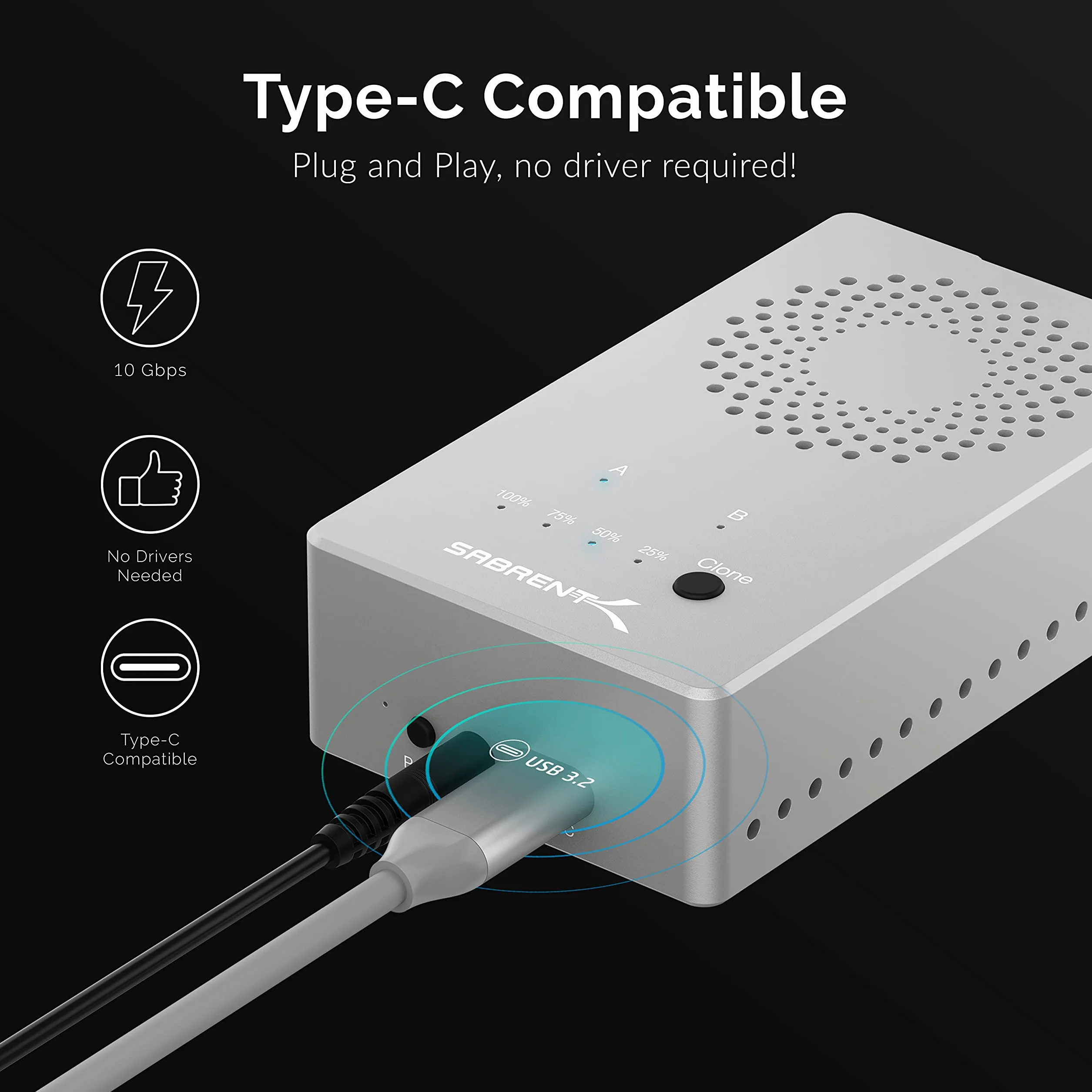 SABRENT Stacja dokująca M.2 SSD, podwójny klon NVMe, obudowa z funkcją powielacza USB C 3.2 PCIe, zewnętrzna aluminiowa obudowa do dwóch M2 NVMe z zasilaczem, bez narzędzi (EC-SSD2)