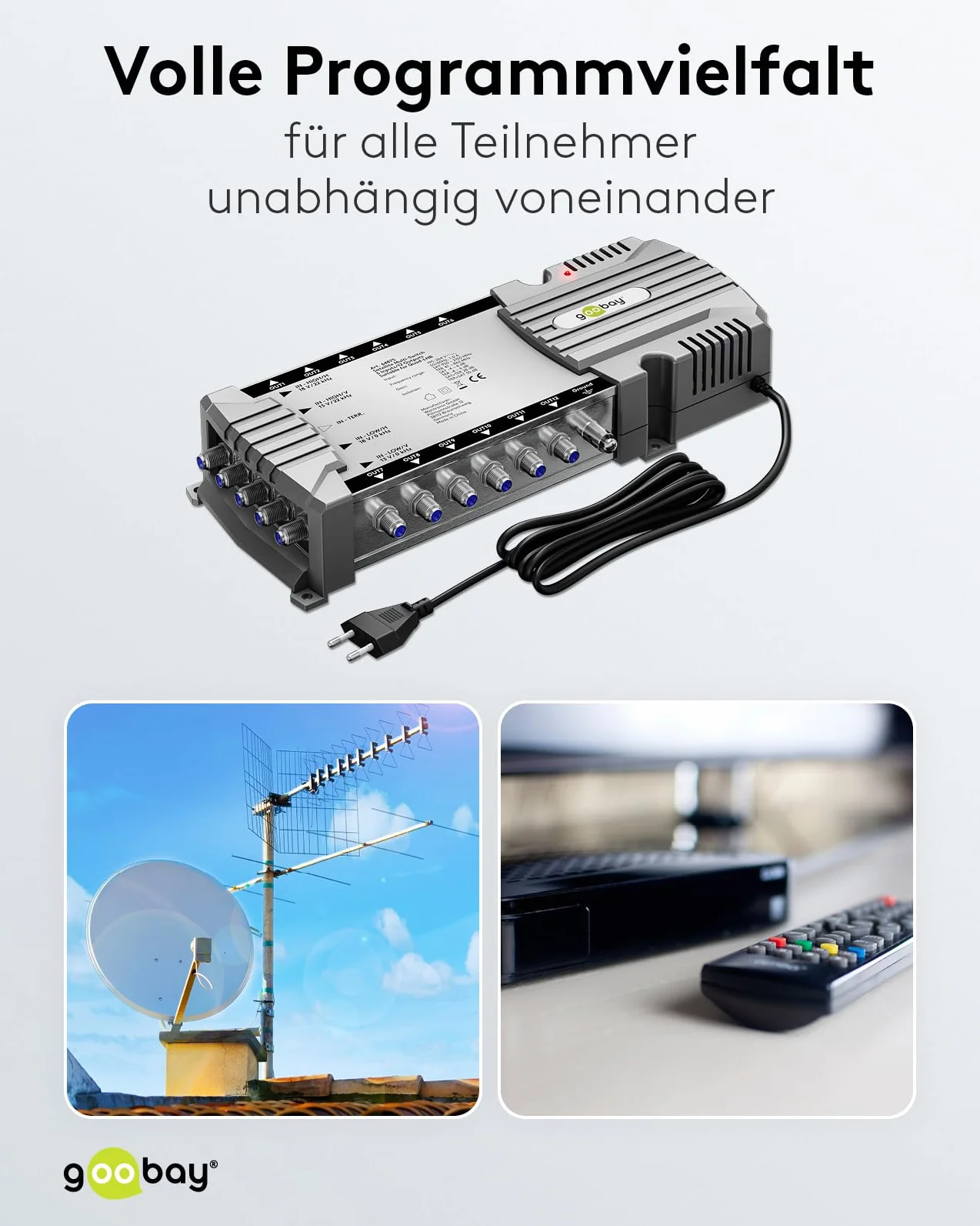 goobay 64875 Multiprzełącznik satelitarny/kompaktowy multiprzełącznik / 5 wejść / 12 wyjść / 4K, 8K UHD/DAB+ / dla 12 użytkowników
