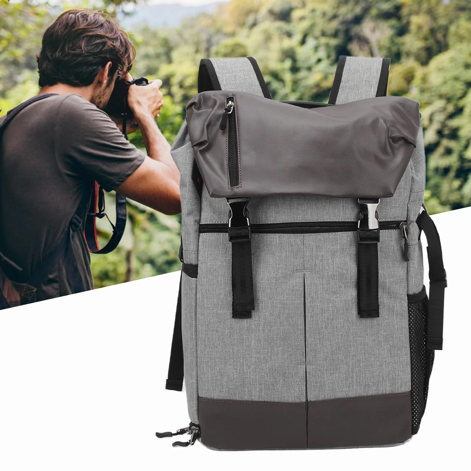 Plecak na Aparat i Komputer Jasnoszary, Profesjonalna Wodoodporna Lustrzanka Cyfrowa DSLR Bezlusterkowa Torba na Aparat Fotograficzny Torba Fotograficzna o Bardzo Dużej