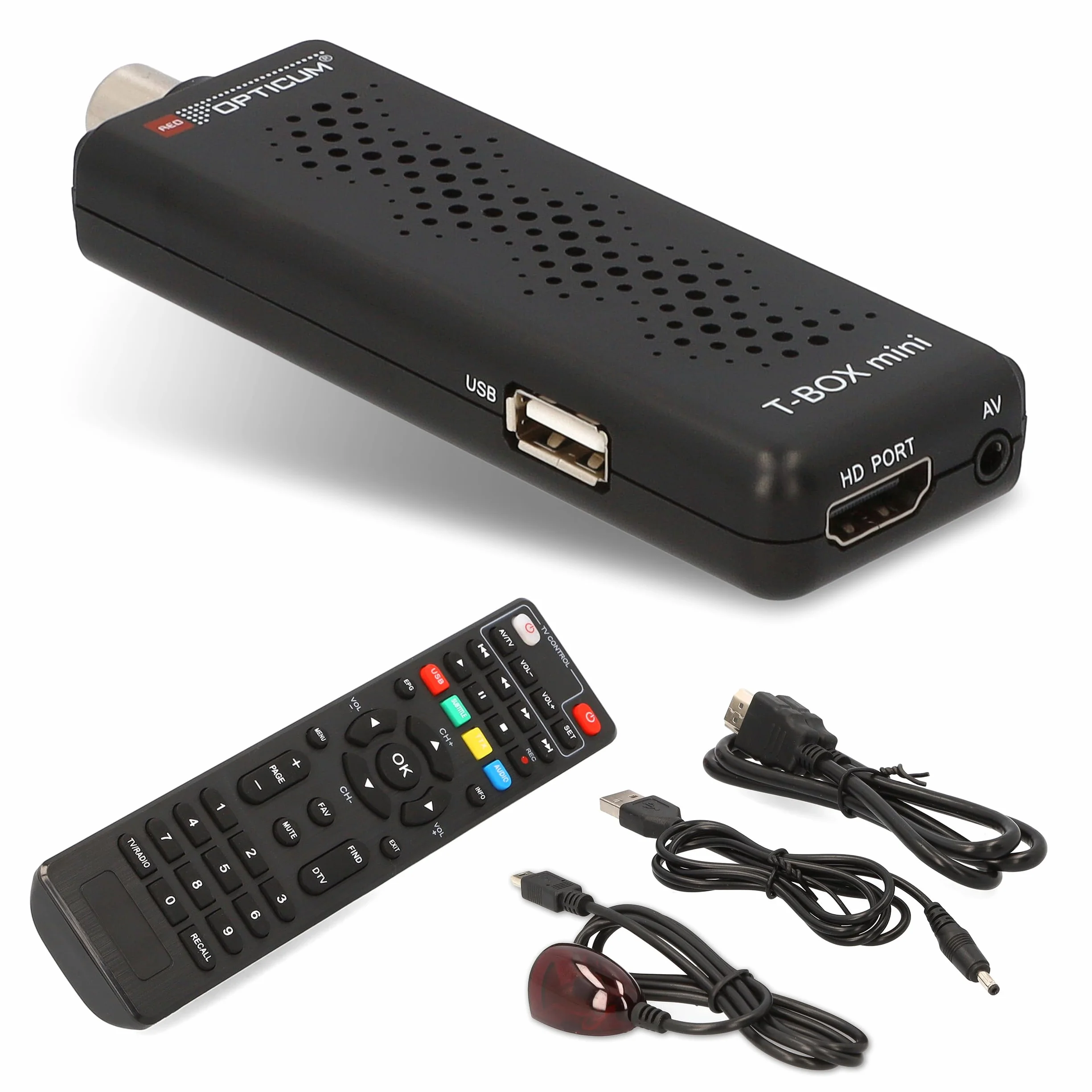RED OPTICUM T-Box Mini DVB-T2/C cyfrowy odbiornik Full HD, H.265 HEVC, HDMI, USB 2.0, czarny, z pilotem zdalnego sterowania, czujnik podczerwieni, EPG, teletekst, funkcja PVR, 115 x 37 x 17 mm