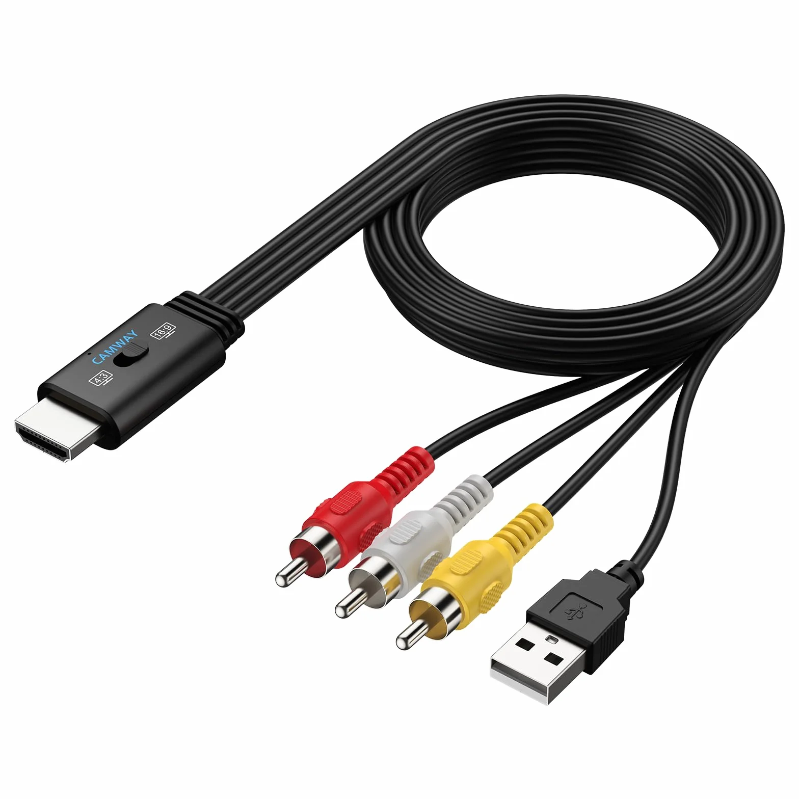 CAMWAY 1080P Konwerter RCA na HDMI, kabel męski 1,5 m - bezstratna transmisja, przełącznik 16:9/4:3, adapter Pro AV do HDMI dla magnetowidów/VHS/odtwarzaczy DVD, mini kompozytowy adapter audio-wideo