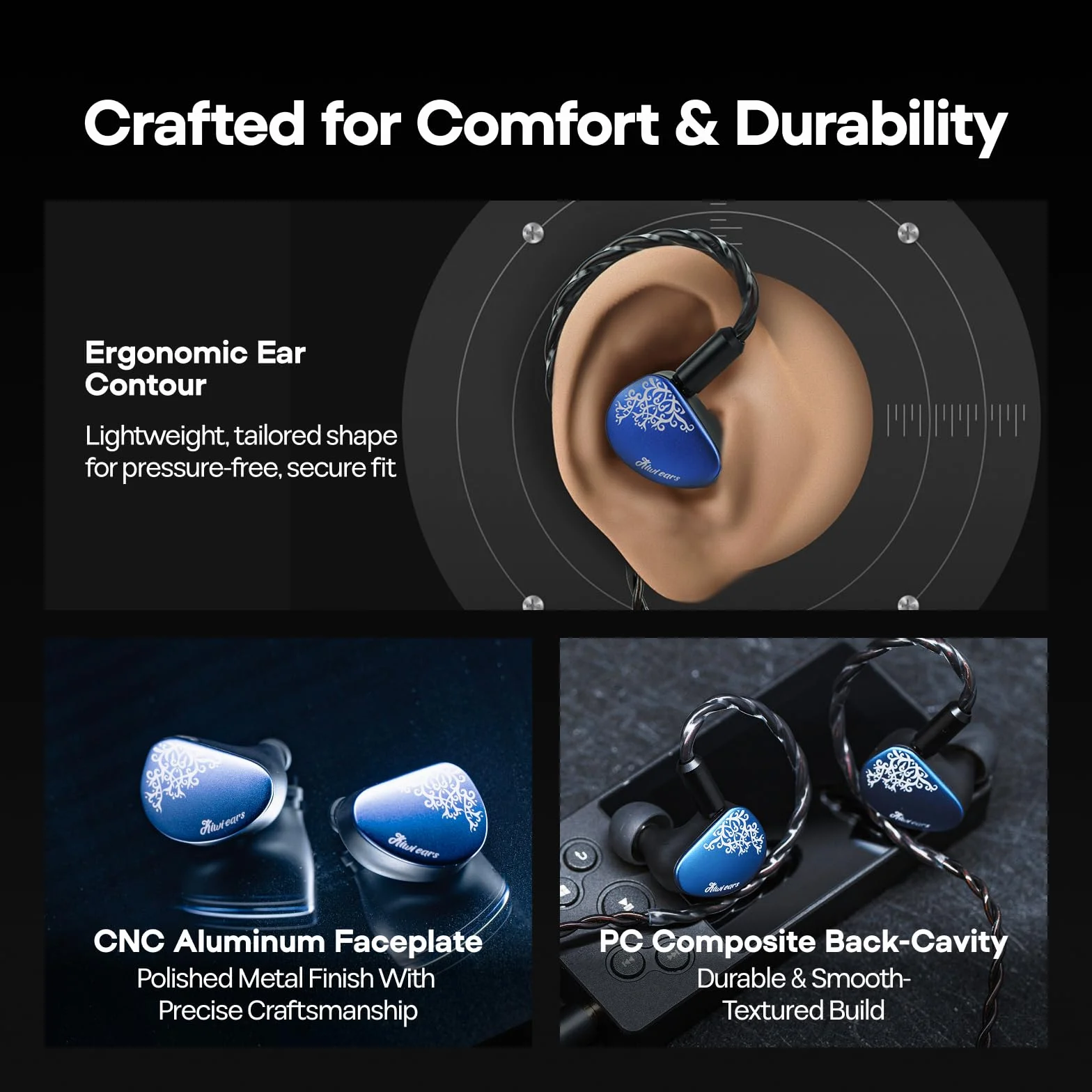 Linsoul Kiwi Ears Cadenza II 10 mm tytanowy przetwornik douszny, przewodowe słuchawki douszne HiFi z KARS 2.0, precyzyjna równowaga tonów, aluminiowa płytka czołowa CNC dla muzyków (Blue)