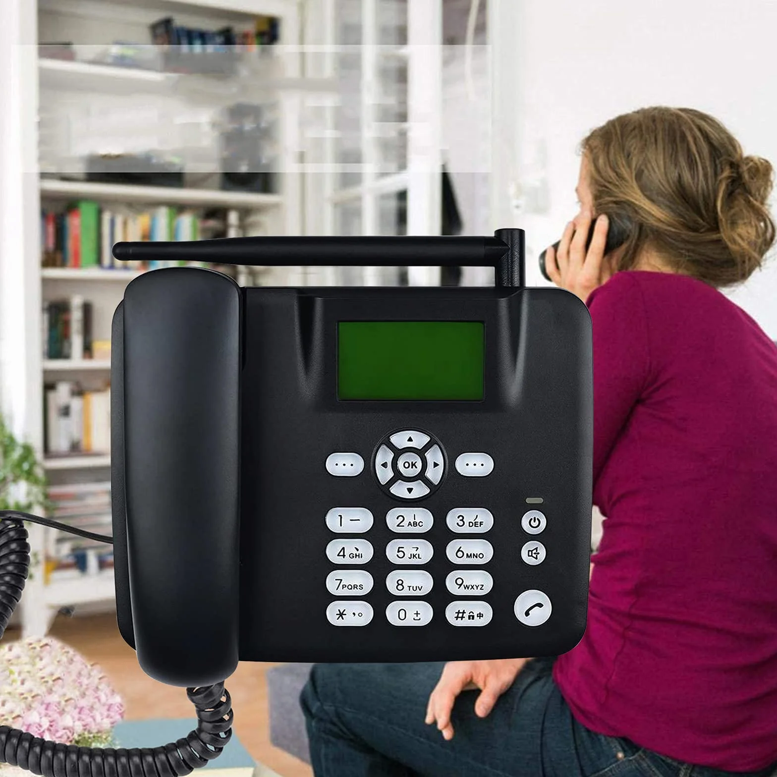 IBOWZ Czteropasmowy telefon stacjonarny gsm klasyczny telefon biurkowy, bezprzewodowa karta SIM telefon komórkowy gsm klasyczny stół, głośny dzwonek, widok identyfikatora dzwoniącego, do domowego
