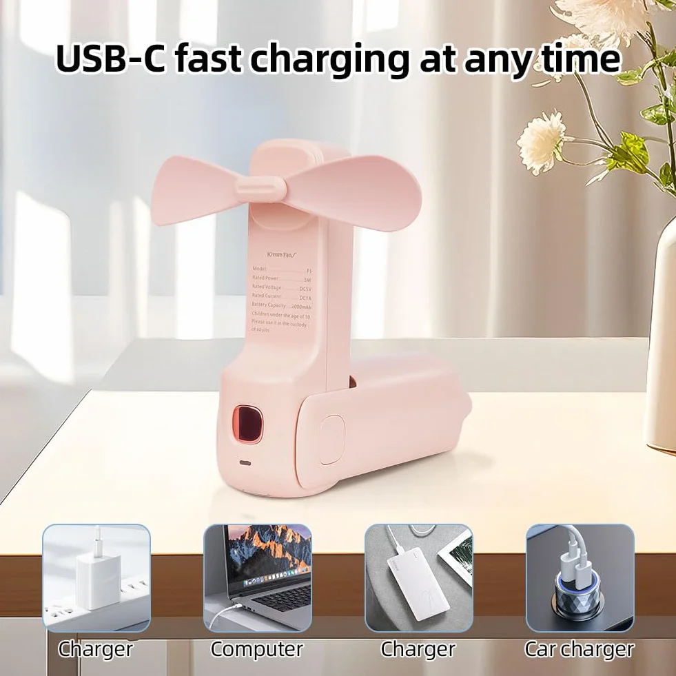 AUAUY Przenośny mini wentylator, wentylator ręczny 3 w 1, wentylator kieszonkowy ładowany przez USB, cichy mini wentylator z 3 prędkościami, z baterią zewnętrzną i latarką