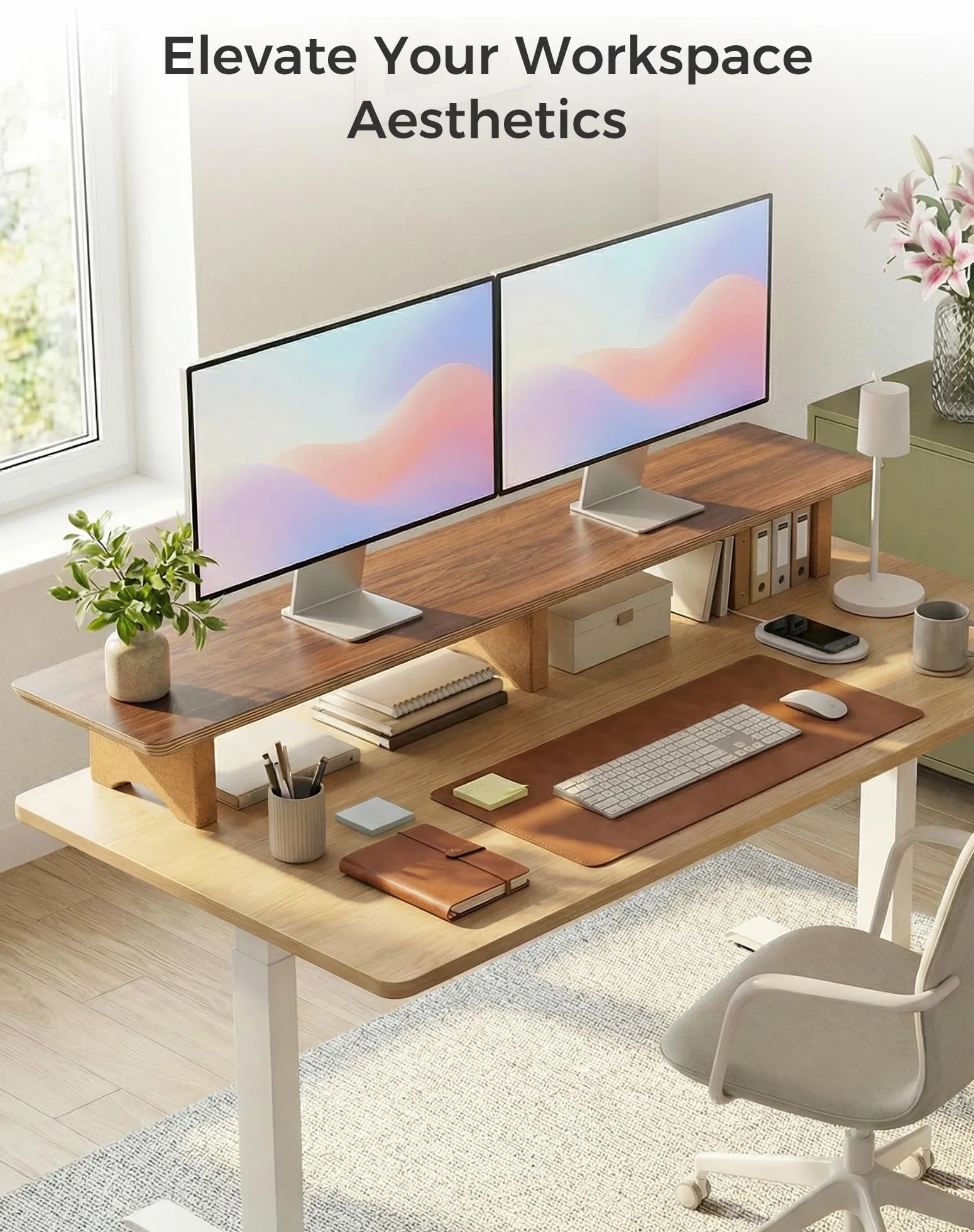 Aothia Duża podstawka pod monitor komputerowy, drewniana półka z ekologicznymi nóżkami korkowymi do ciężkich laptopów/komputerów/TV/PC, idealny organizer regałowy do biura/domu (orzech włoski, duża)
