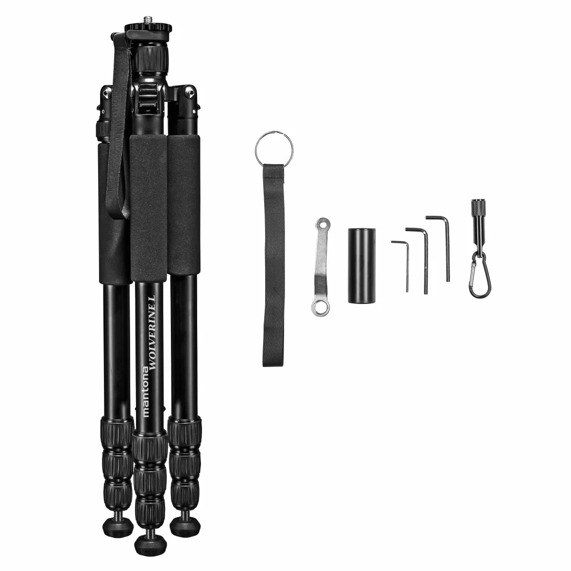 Mantona Wolverine L 284 statyw do aparatu, aluminium, statyw fotograficzny do 15 kg, regulacja wysokości do 166 cm, statyw z kolcami, ważką, lampa LED, może być używany jako statyw trójnożny i