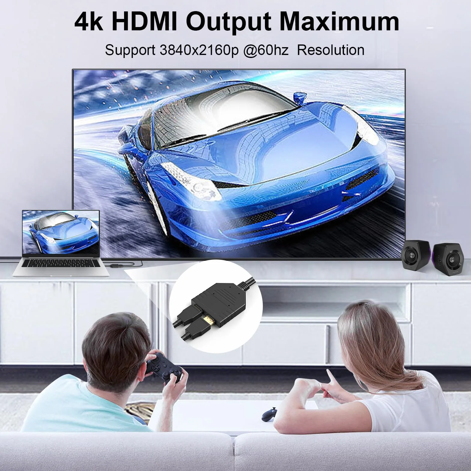 Rozdzielacz HDMI 4K 60 Hz 1 w 2 wyjścia HDMI męski na podwójny żeński HDMI 2.0 z kablem zasilającym USB do HDMI HD, LED, LCD, telewizora, podwójne monitory, duplikowane lustro, obsługa 3D Full HD