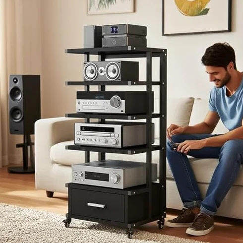 Mobilna Szafka Na Sprzęt Audio Z Kółkami I Szufladami, 5-Poziomowa Szafka Na Sprzęt Audio Do Salonu, Gier I Nagrań, Organizer Z Metalu I Płyty Mdf