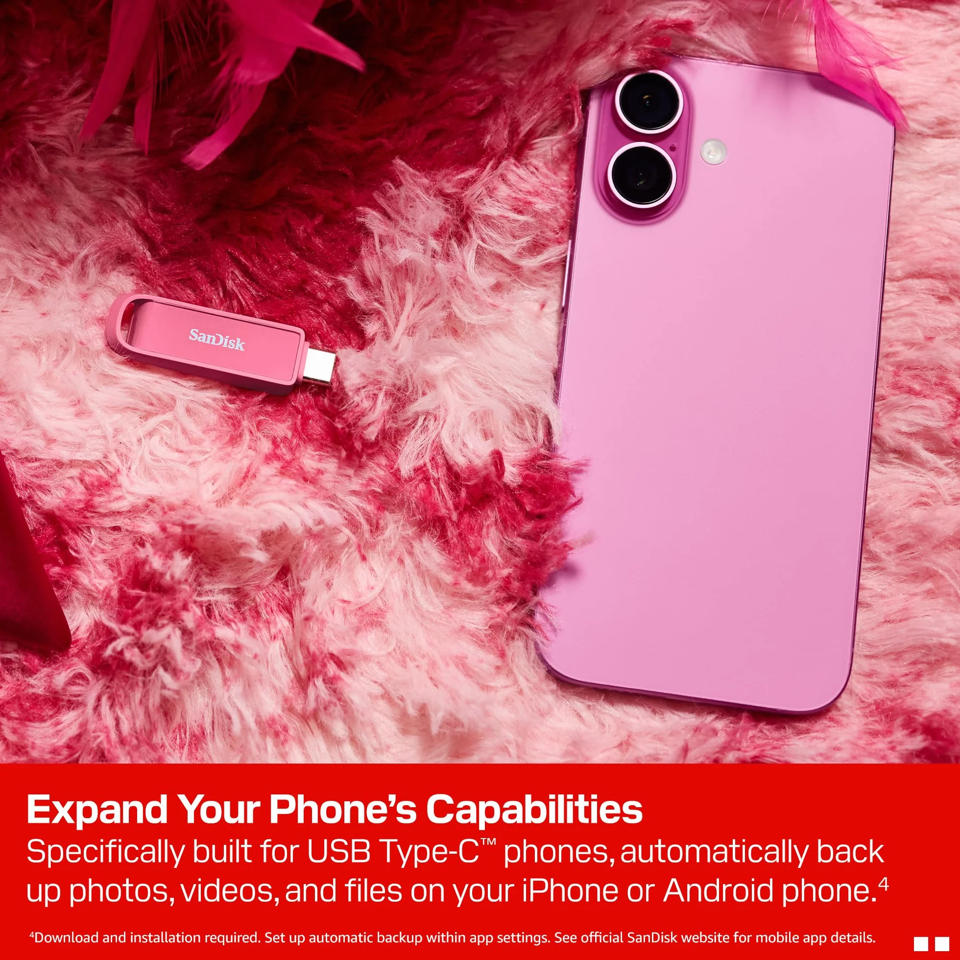 SanDisk Phone Drive z USB Type-C 1 TB (do telefonu, do smartfonów, tabletów i komputerów, prędkością 150 MB/s, Wykonuj automatyczne kopie, Dzięki odzyskiwaniu) - Seastar Pink