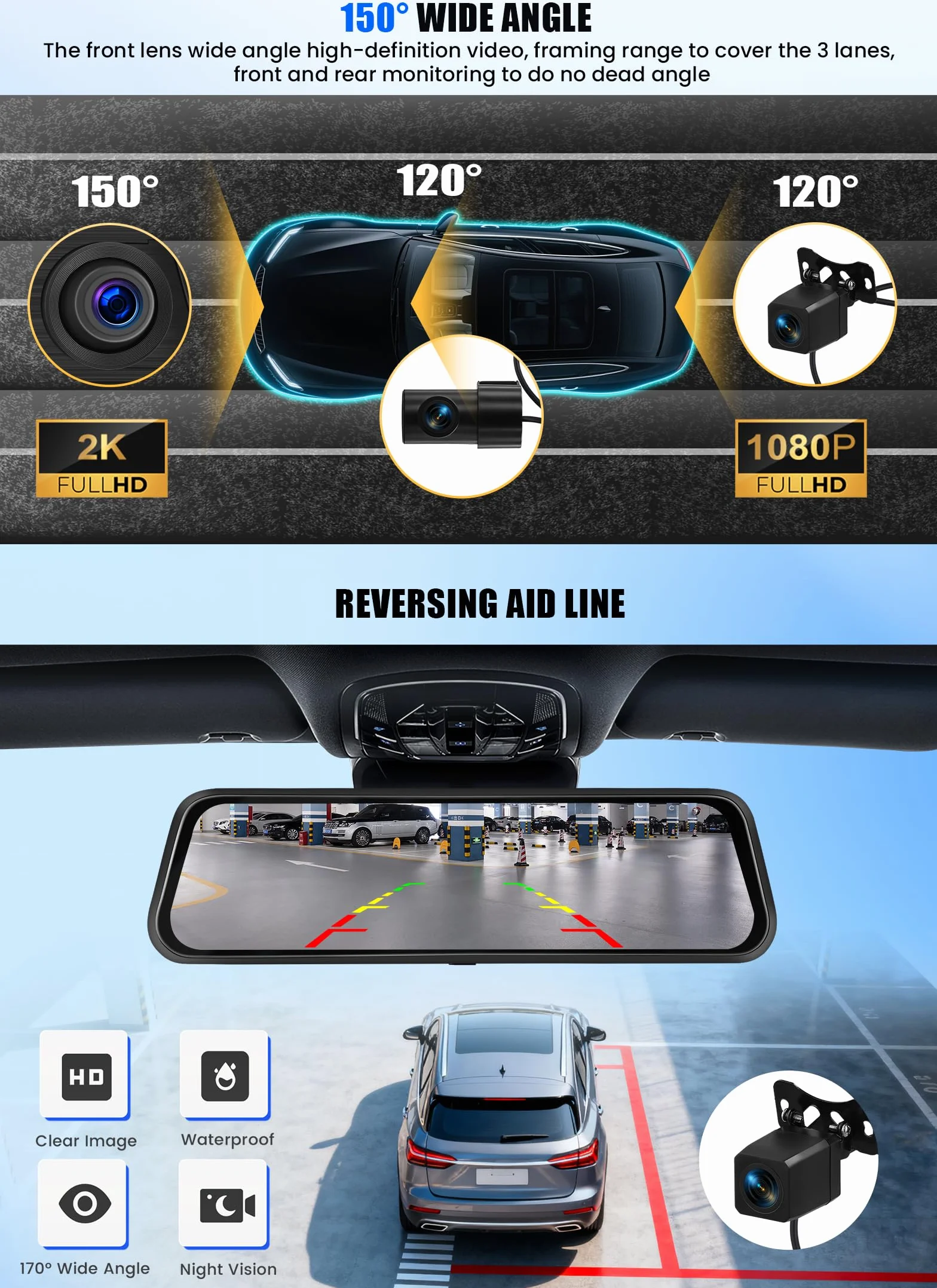CAMECHO 9,66″ 2K ekran dotykowy w lusterku wstecznym samochodowym trzykrotna kamera przednia wewnętrzna tylna nagrywanie cykliczne z GPS czujnikiem grawitacji i wspomaganiem parkowania