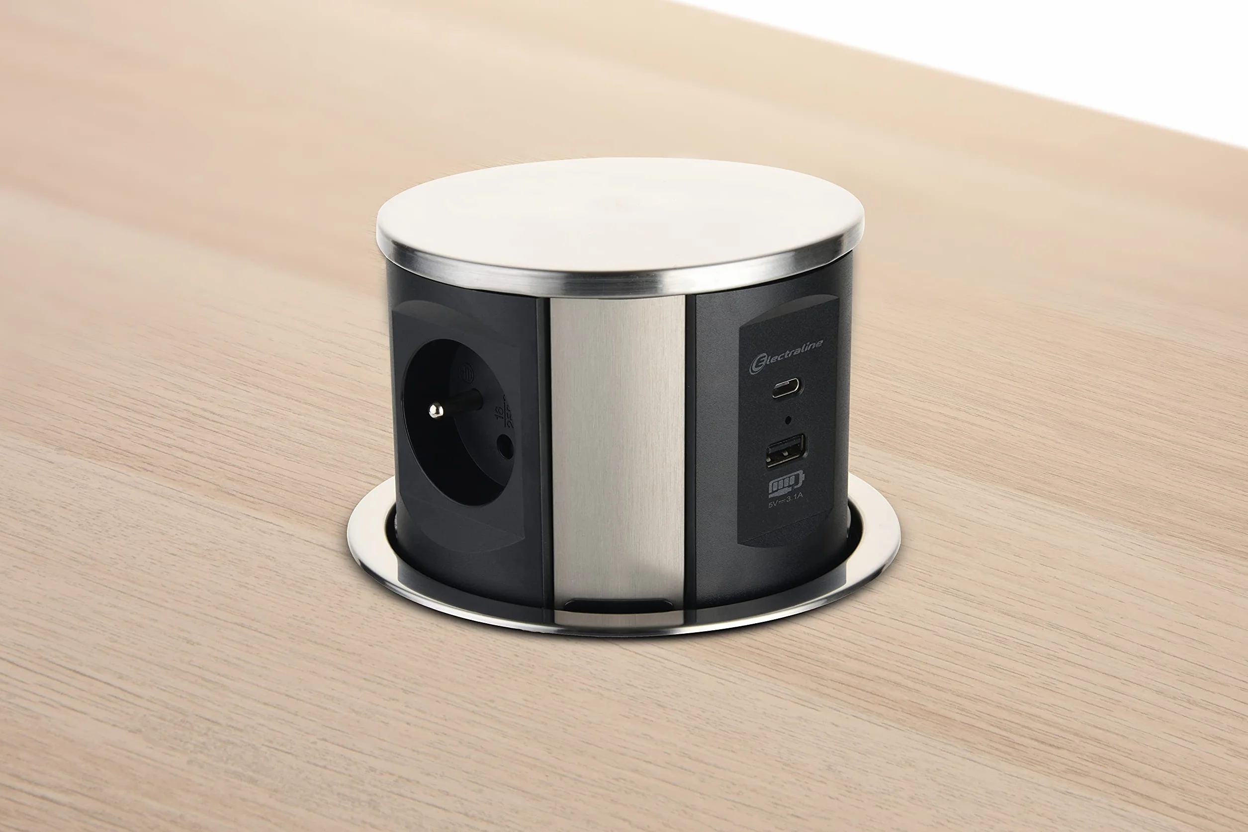Electraline 35446 Listwa zasilająca chowana do blatu z 3 gniazdami w standardzie francuskim 16A + 2 USB 3.1A (1 USB typ A + 1 USB typ C) 15,5W, Wbudowane gniazdo do kuchni, Średnica 120mm, 2M