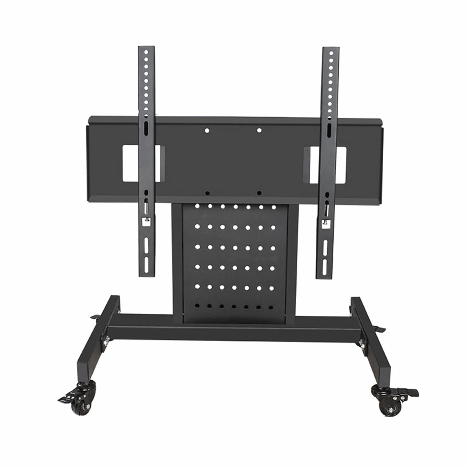 Pionowy stojak na telewizor, stojący, mobilny wózek na telewizor 81.3 cm-190.5 cm, mobilny komercyjny uchwyt na telewizor z 4 uniwersalnymi rolkami, dwukolorowe kółka, regulowany stojak na telewizor