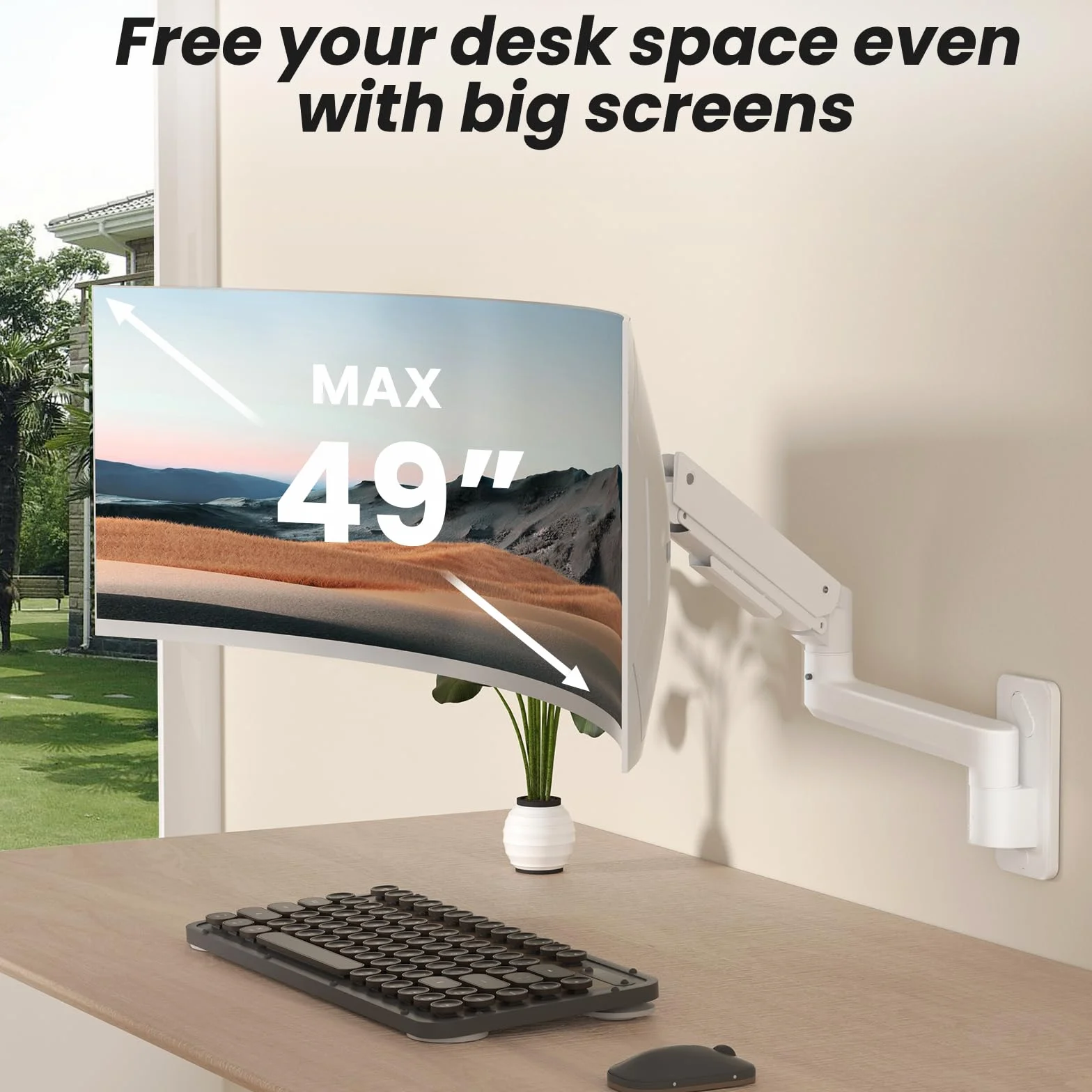 PUTORSEN 43.2-124.5 cm Premium Ultrawide Monitor ścienny do montażu na ścianie, wytrzymałe ramię monitora do 20 kg, pełna regulacja, VESA 75/100/200, biały