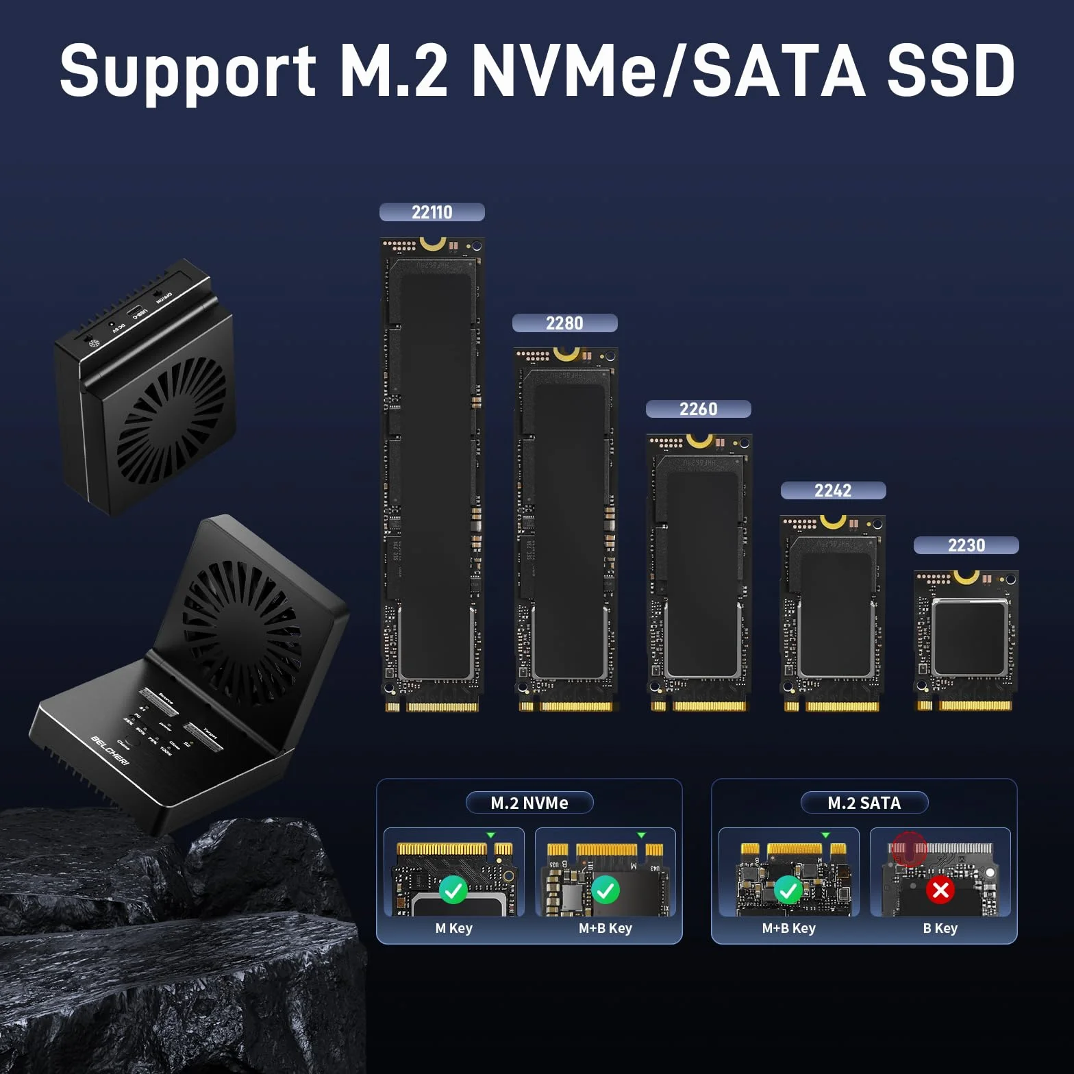 M.2 NVMe SATA SSD Cloner Dock, USB 3.2 Gen 2 20 Gbit/s, ze składanym wentylatorem chłodzącym, obsługuje klonowanie offline, UASP i Trim, aluminiowa konstrukcja