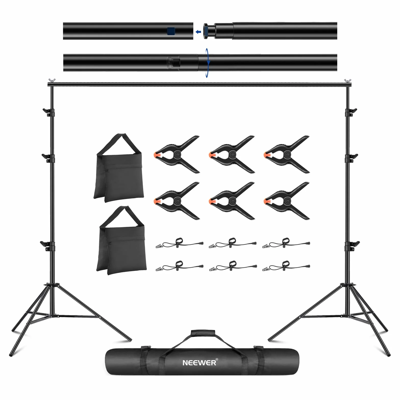 NEEWER Regulowany zestaw stojaków na tło, 2,6 x 3 m, system wsparcia tła fotograficznego z 4 poprzeczkami, 6 zaciskami sprężynowymi, 6 klipsami w tle, 2 workami z piaskiem i torbą do przenoszenia na