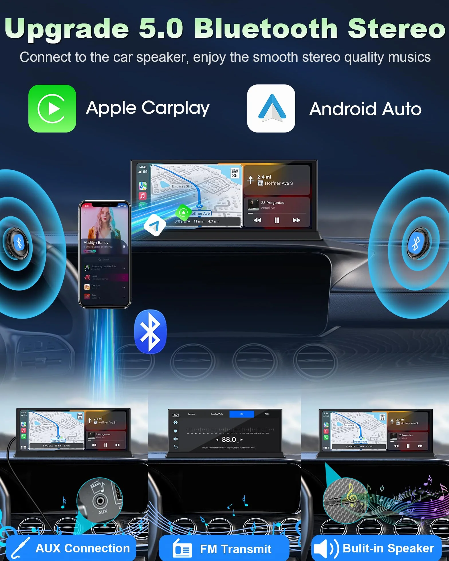 Ekskluzywny wyświetlacz samochodowy 11,3 cala Carplay z systemem Android ze stabilnym uchwytem, bezprzewodowy wyświetlacz Car Play Buddy z podwójnym Bluetooth Siri/GOO-gle, nawigacja GPS do samochodów