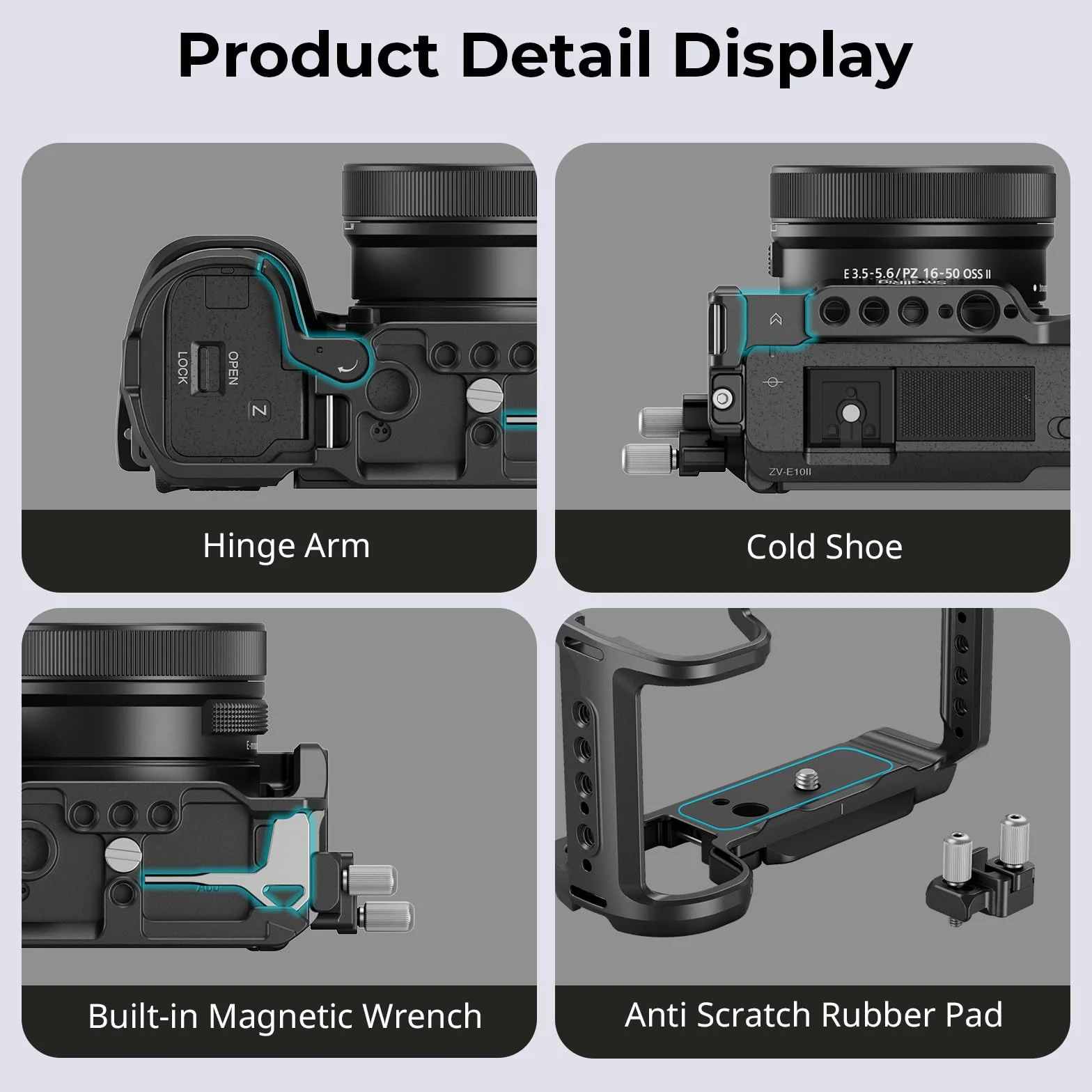 SmallRig Zestaw Klatki ZV-E10 II Dla Sony Alpha ZV-E10 II z Zaciskiem Kablowym do HDMI, Wbudowaną Płytą Szybkiego Montażu Dla Arca, Zimnym Butem i Otworami Gwintowanymi 3/8''-16-4867