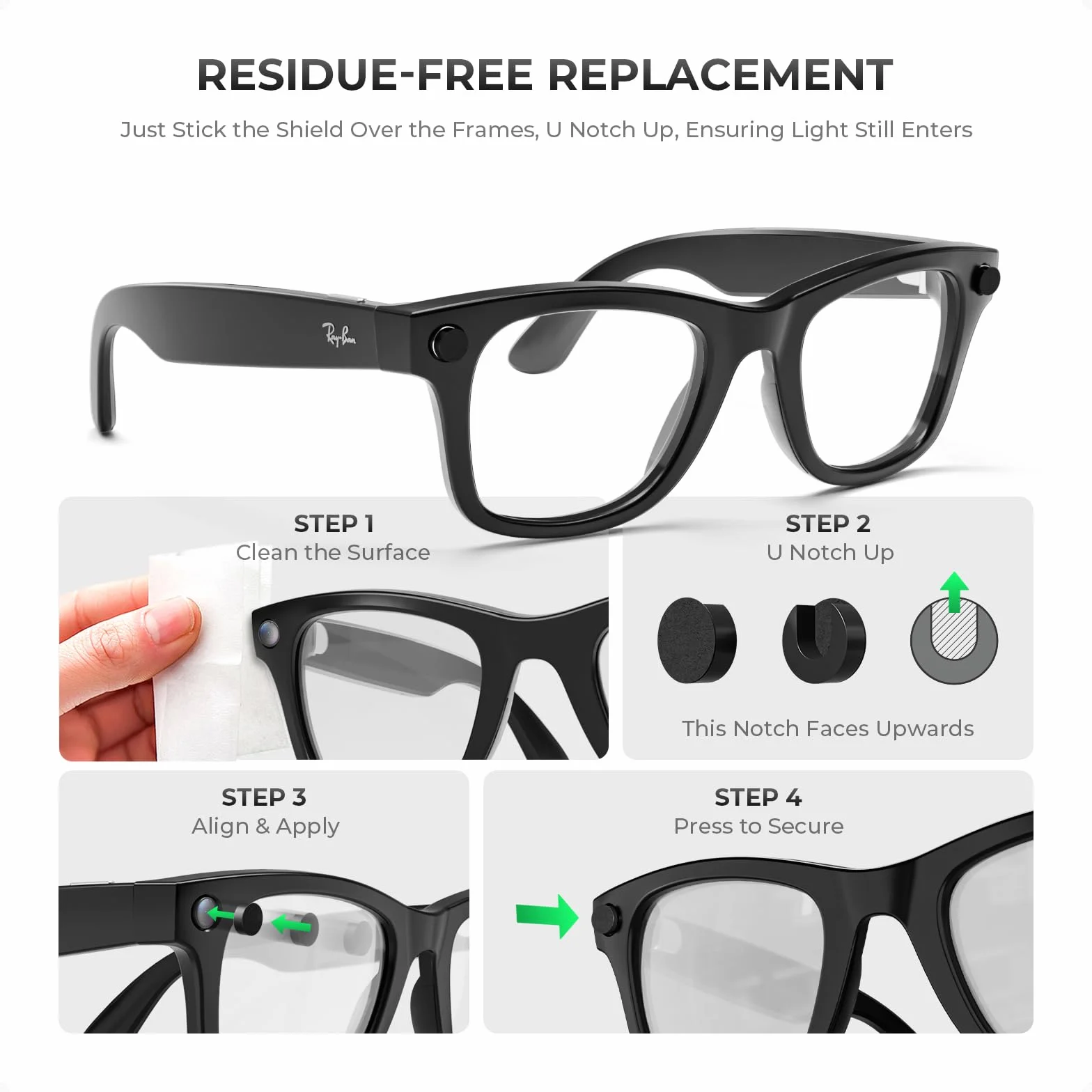 Naklejki LED do inteligentnych szkieł - kompatybilne z Ray-Ban Meta Wayfarer, Skyler, Headliner & Oakley HSTN - wielokrotnego użytku miękkie okładki, matowe czarne wykończenie, 20 szt