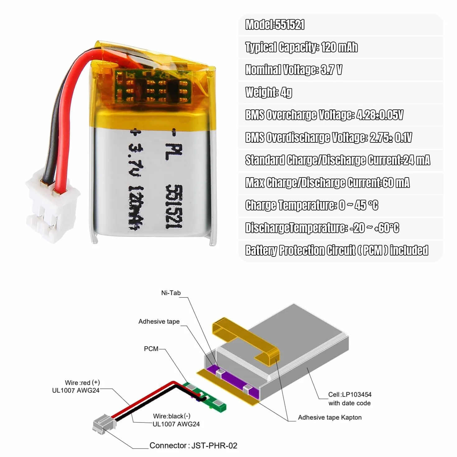 3,7 V lipowa bateria, 3,7 V 120 mAh 551521 litowo-polimerowa z łącznikiem 2P-PH o rozstawie 2,0 mm