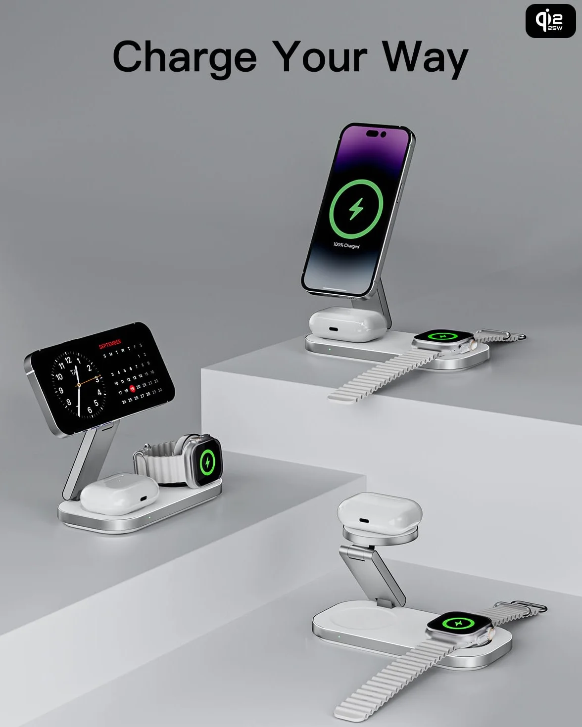 Bezkablowa ładowarka 25W z, 3 w 1 stacja ładująca dla Apple, składana indukcyjna bezprzewodowa ładowarka dla Phone-Biały