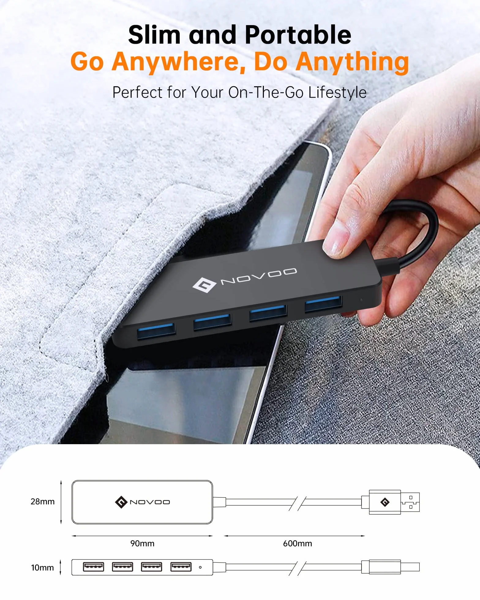 NOVOO USB C Hub 4-porty USB 3.0, Transfer danych 5 Gbit/s, Port zasilania USB 5 V/2 A, 60cm przedłużony kabel, Hub USB dla MacBooka, Laptop, mobilny dysk twardy