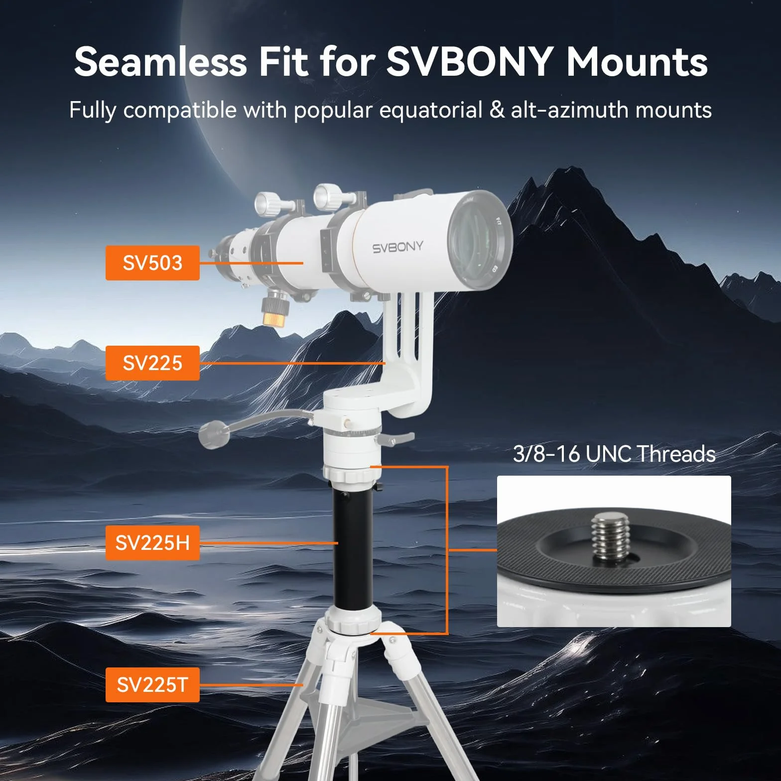 Svbony SV225H Podwyższenie Statywu Teleskopu, Podwyższenie Montażu Azymutalnego, Przedłużenie 240mm, Standardowe Gwinty 3/8-16 UNC, Kompatybilny z SV225 SV225T, do Obserwacja Astronomiczna