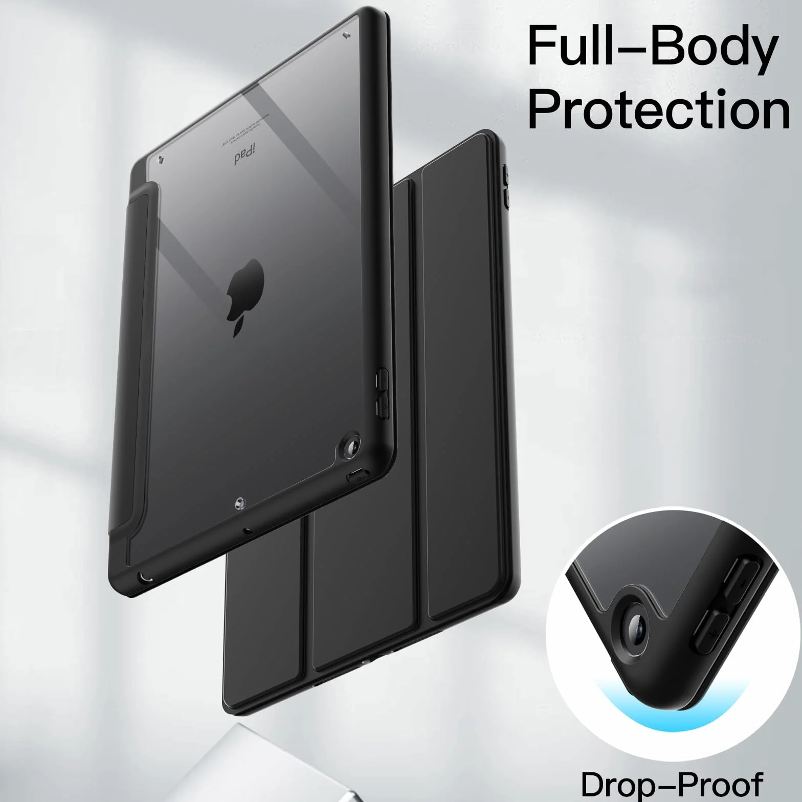 JETech Etui dla iPad 10,2 Cala (9./8./7. Generacji, 2021/2020/2019) z Pencil Uchwyt, Wyczyść Przezroczysty Tył Obudowa Slim Podstawkę Odporna na Wstrząsy Obudowa Tabletu Case (Czarny)
