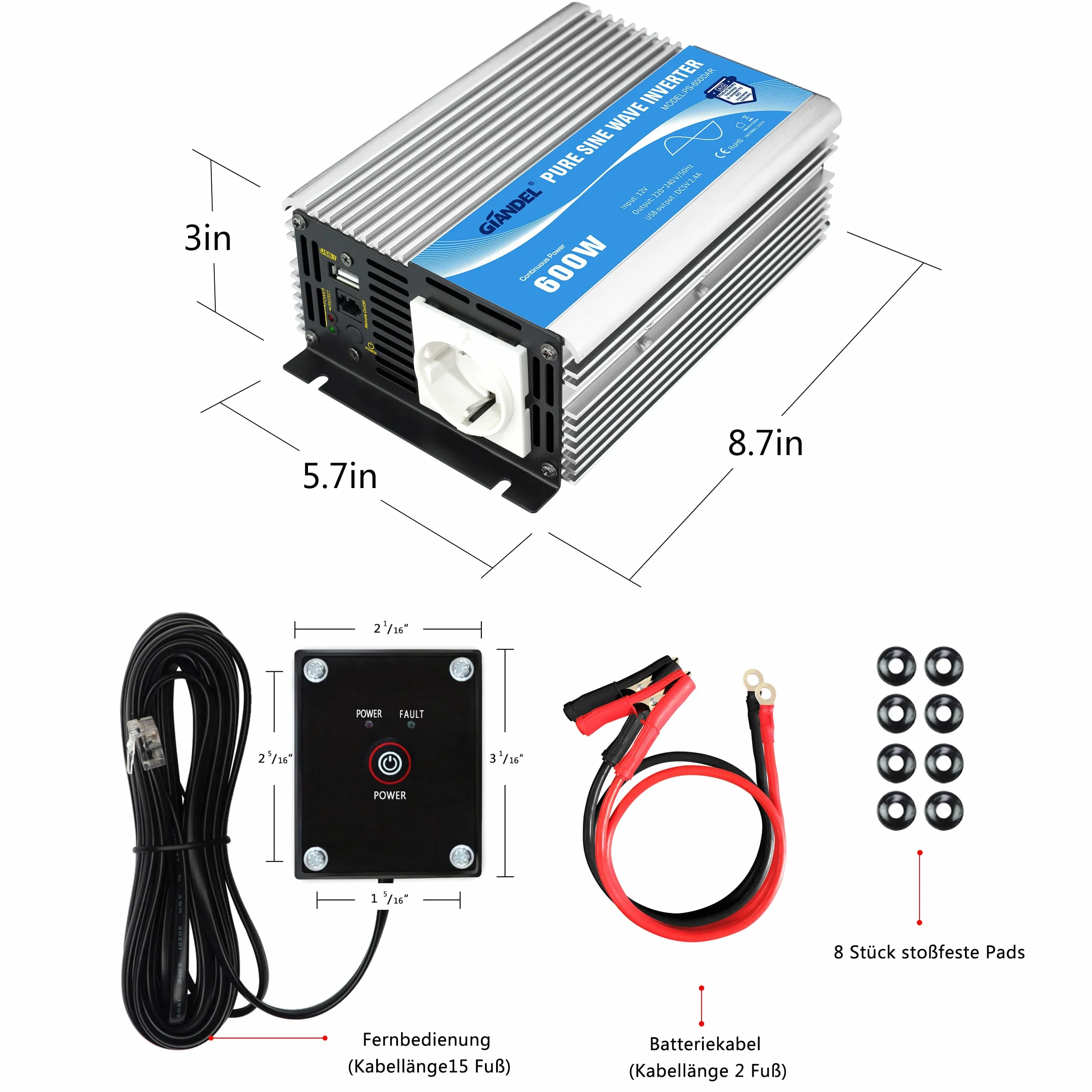 Przetwornica napięcia sinusoidalnego 600 W, 12 V na 230 V, z pilotem zdalnego sterowania i portem USB, do laptopa, aparatu, smartfona GIANDEL Silver