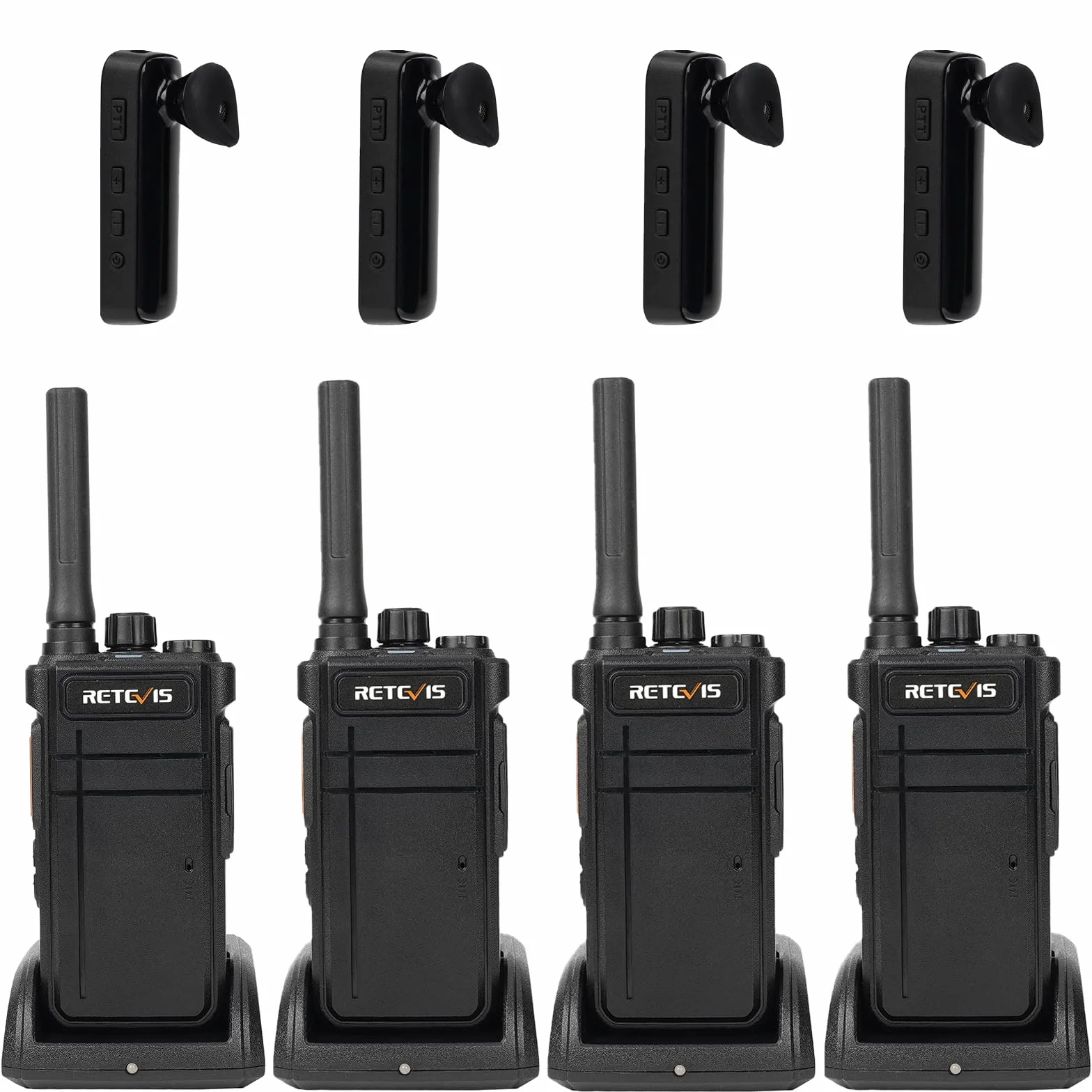 Retevis RB637 Walkie Talkie, PMR446 Profesjonalne 2-kierunkowe radio z bezprzewodowym zestawem słuchawkowym, 2000 mAh, VOX, bezprzewodowe dwukierunkowe radia (czarne, 4 sztuki)