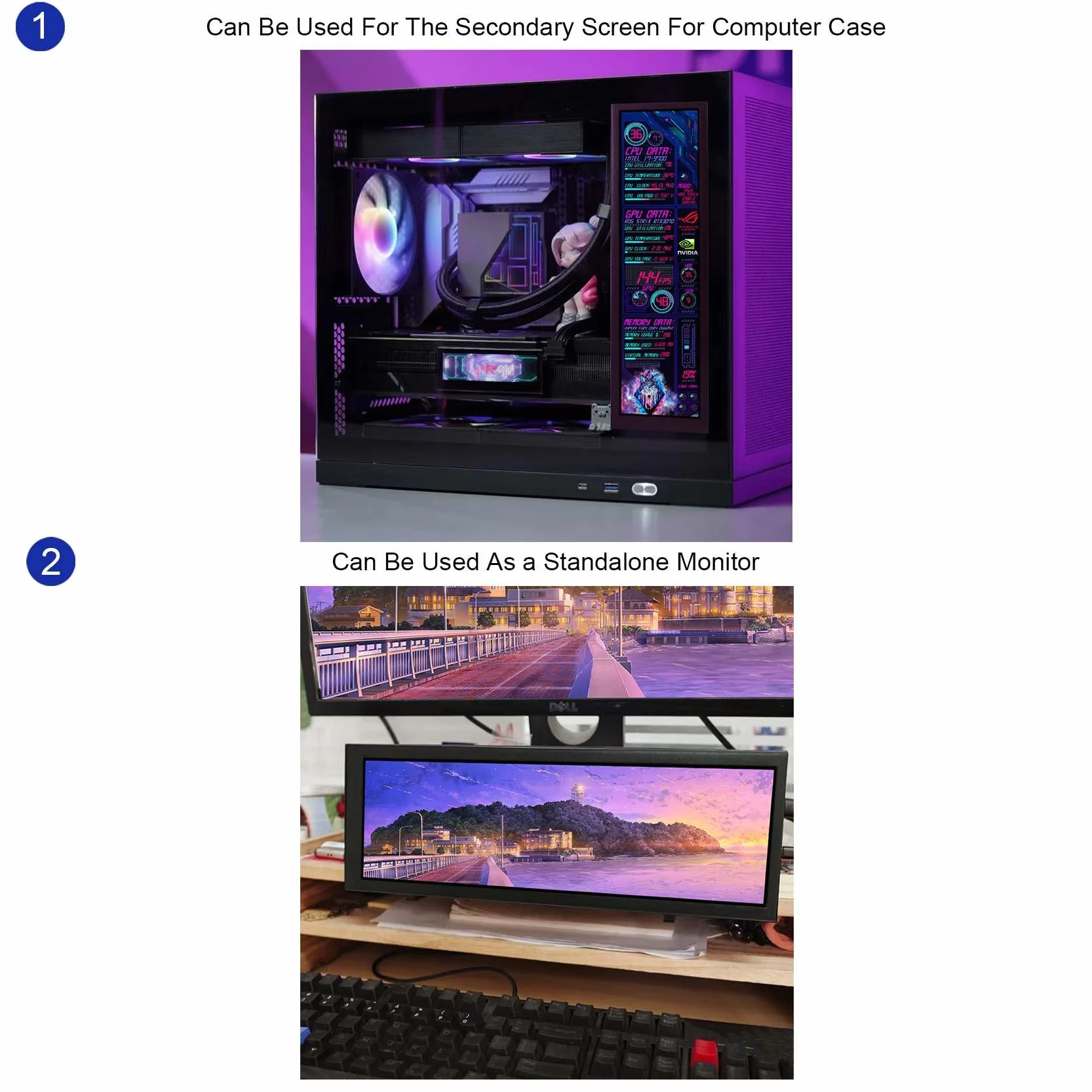 VSDISPLAY Czarny 8,8" 1920x480 600 nit IPS długi pasek monitor LCD | port wideo USB, do samodzielnego podekranu/wyświetlacza obudowy PC