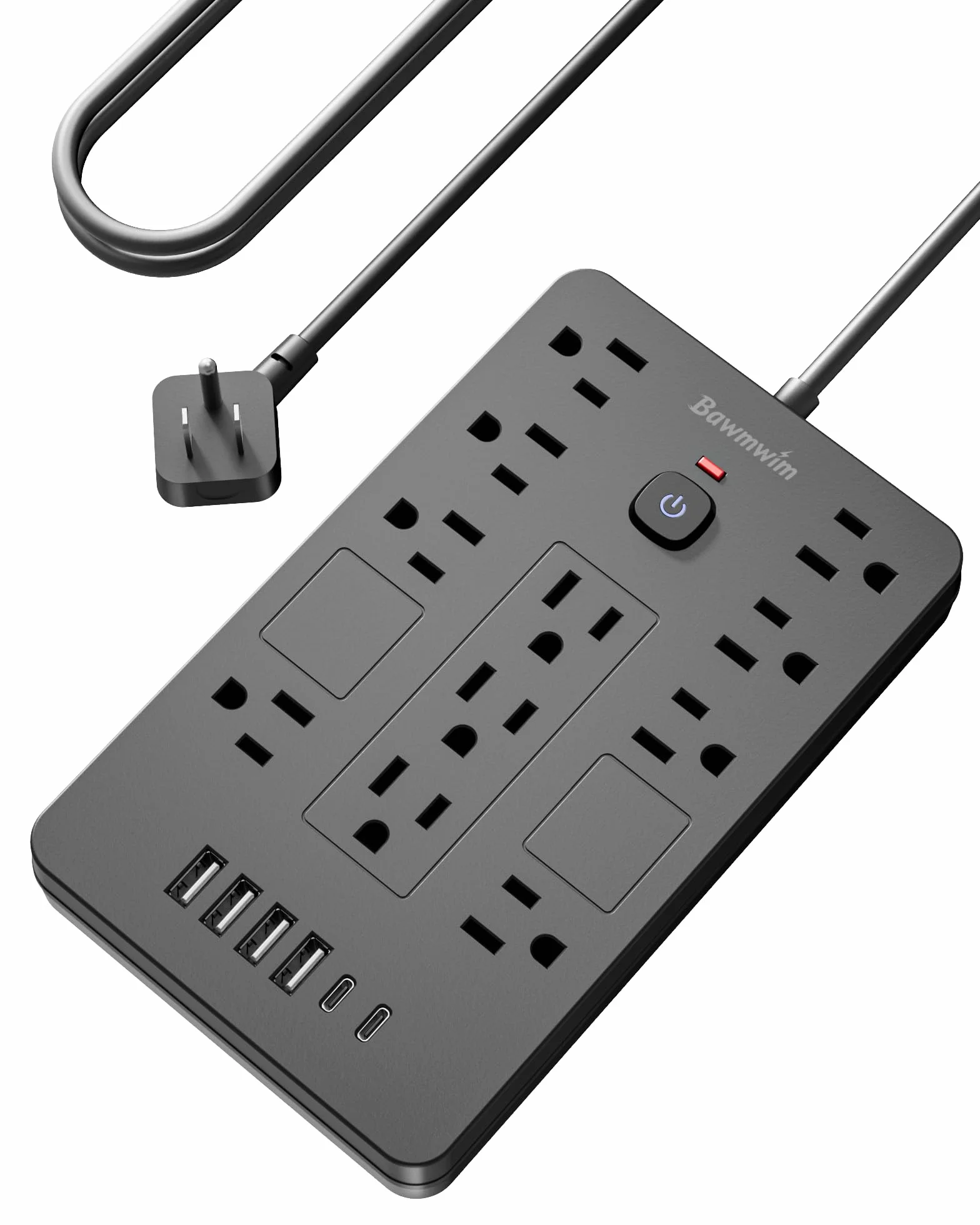 Listwa zasilająca z ochroną przeciwprzepięciową, 11 gniazd (1850 W/15 A) z 6 portami USB (2 USB C), płaski kabel przedłużający 1,8 m, do montażu na ścianie, czarna