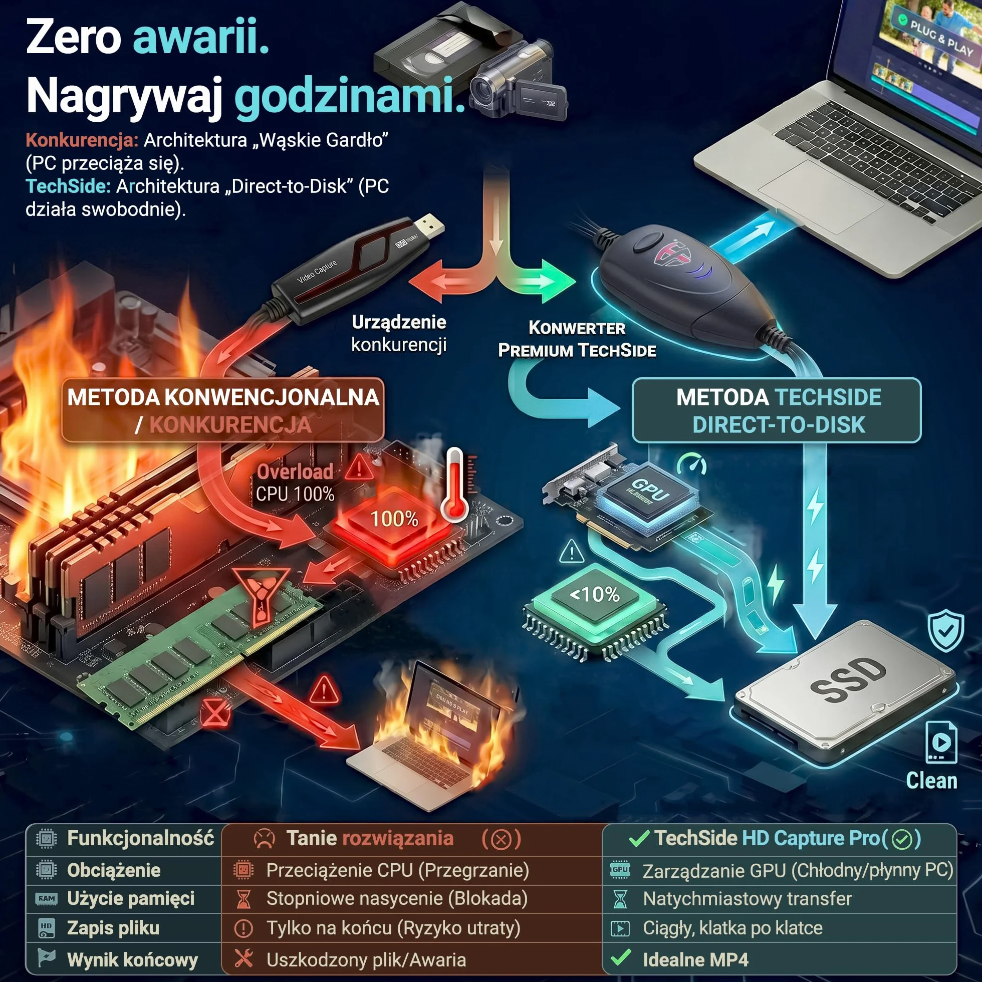 TechSide Video Grabber VHS 2026 | Konwerter Analogowo-Cyfrowy | Karta Przechwytywania PC USB 2.0 Mac, Windows 11/10 i Linux | Nowe Oprogramowanie 1080p | Przekształca VHS, Magnetowid i Hi8 na MP4