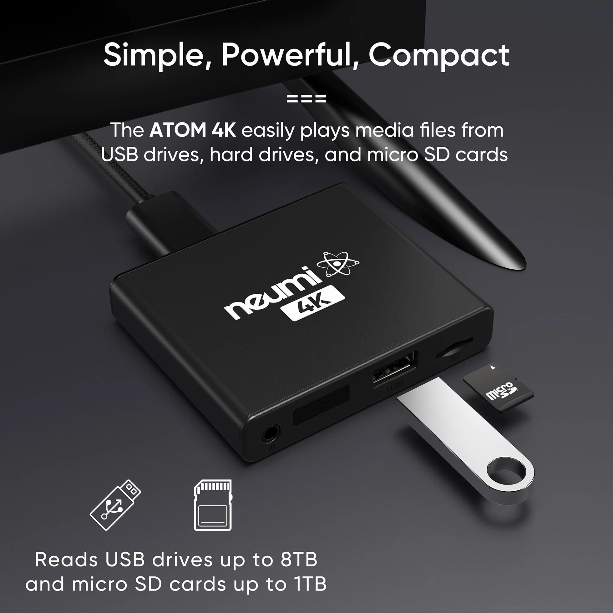 NEUMI Atom 4K Ultra HD cyfrowy odtwarzacz multimedialny do dysków USB i kart SD – z HDMI i analogowym AV, automatyczne odtwarzanie i zapętlanie