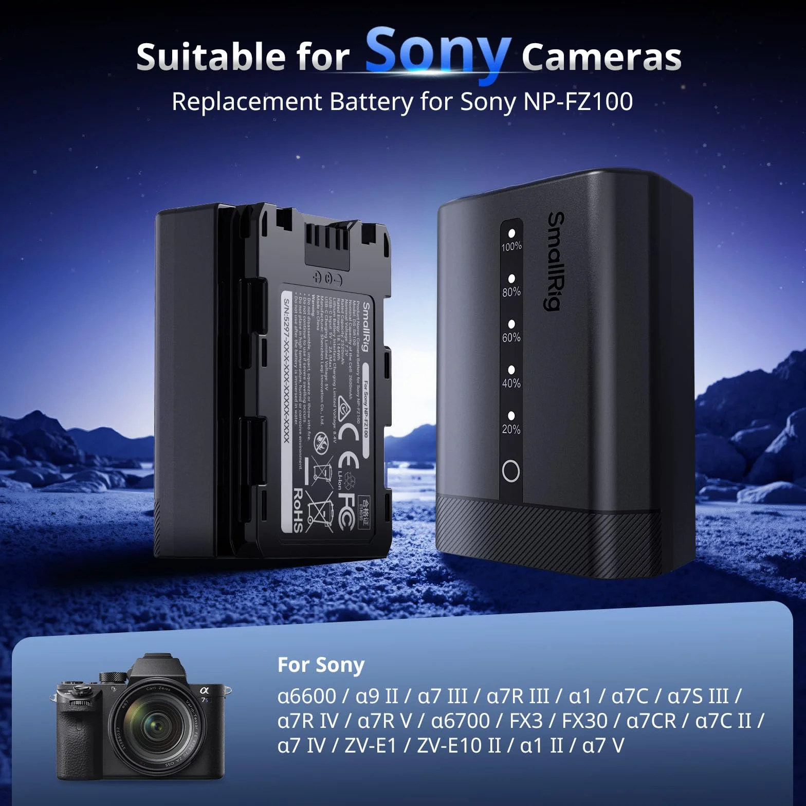 SMALLRIG NP-FZ100 Camera Battery for Sony, 2520mAh USB-C Battery with LED Indicator, 2.5H Fast Charge, Fully Decoded for Sony Alpha A7V A7III A7IV A6700 A6600 FX3 FX30 A9 A7CII A7RIII ZV-E10II - 5297 | Szybkie ładowanie 2,5 H, w pełni dekodowane dla Sony
