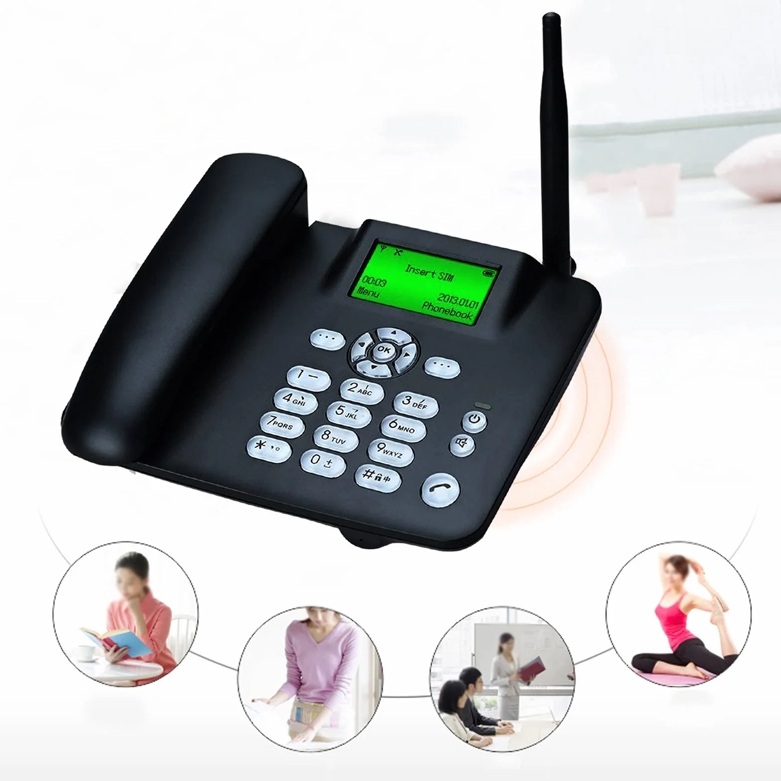 IBOWZ Czteropasmowy telefon stacjonarny gsm klasyczny telefon biurkowy, bezprzewodowa karta SIM telefon komórkowy gsm klasyczny stół, głośny dzwonek, widok identyfikatora dzwoniącego, do domowego